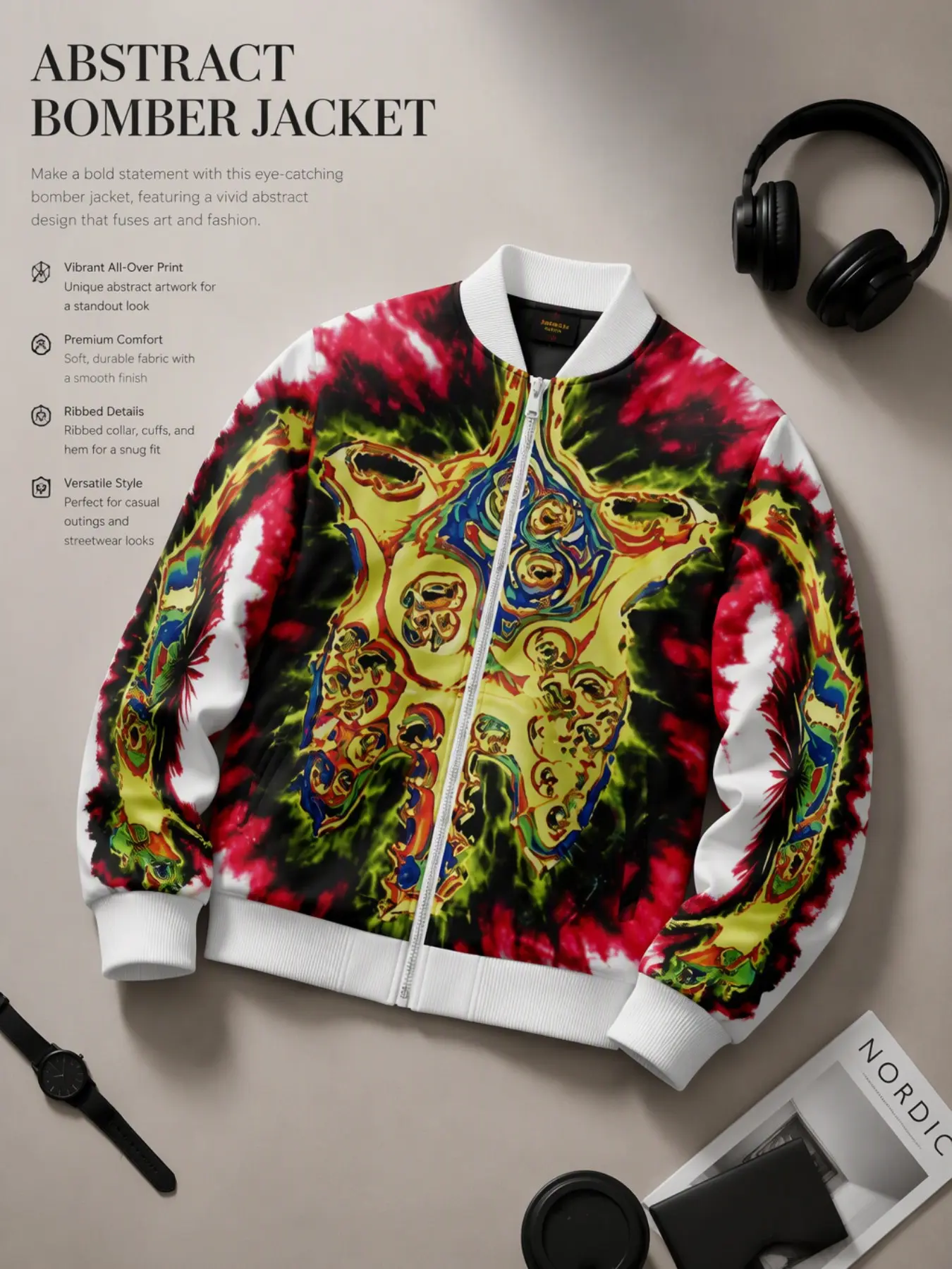 Men's Colorful Tie-Dye Abstract Liquid Skull Pattern Full Zip Bomber Jacket, Retro Psychedelic Melted Skull Print Windproof Coat, Streetwear Fall Winter Outerwear