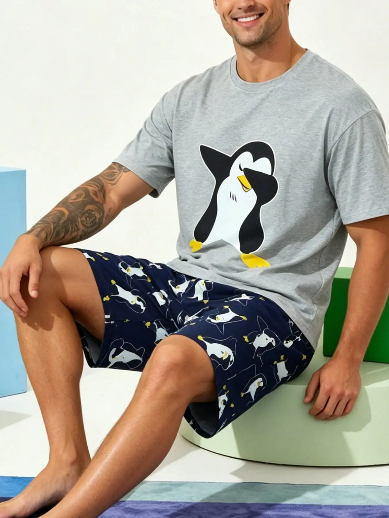 Men's Summer Cartoon Penguin Pajama Set, Round Neck Short Sleeve Top, Full Print Penguin Shorts, Loose Fit Casual Home Wear, Two Piece Set