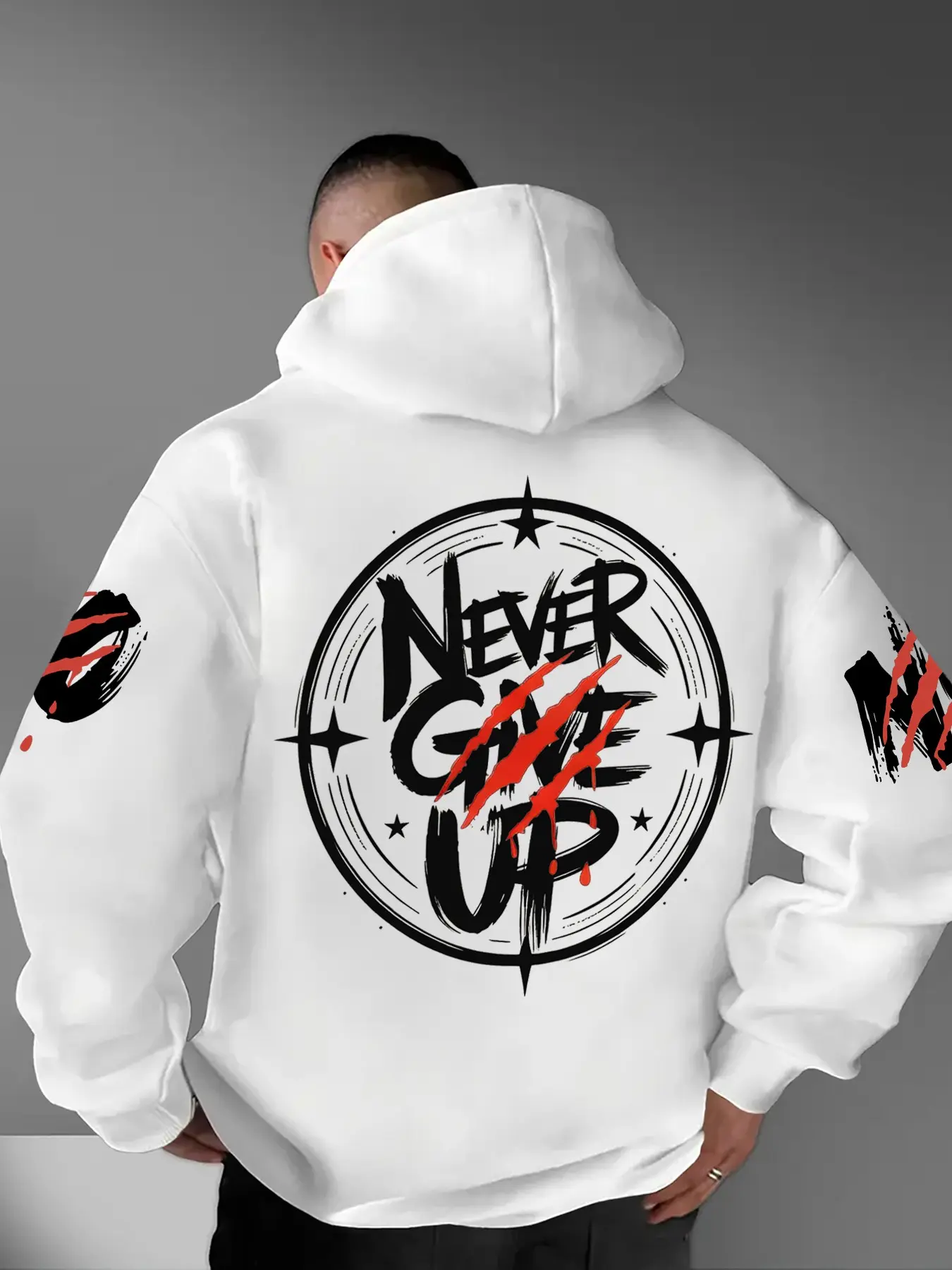 Men's Round Star Logo Motivational Slogan Claw Mark Hooded Sweatshirt, Adjustable Drawstring Hood, Windproof Ribbed Sleeves, Fashionable Pullover, Graphic Print Hoodie
