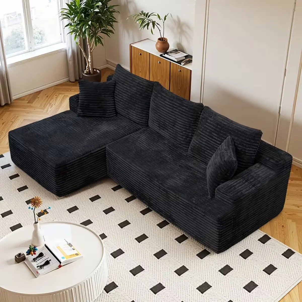 [Bellemave] 96"Frameless Boneless Soft Sofa,Cloud Sectional Couch With L-Shaped Chaise Black Left Corner