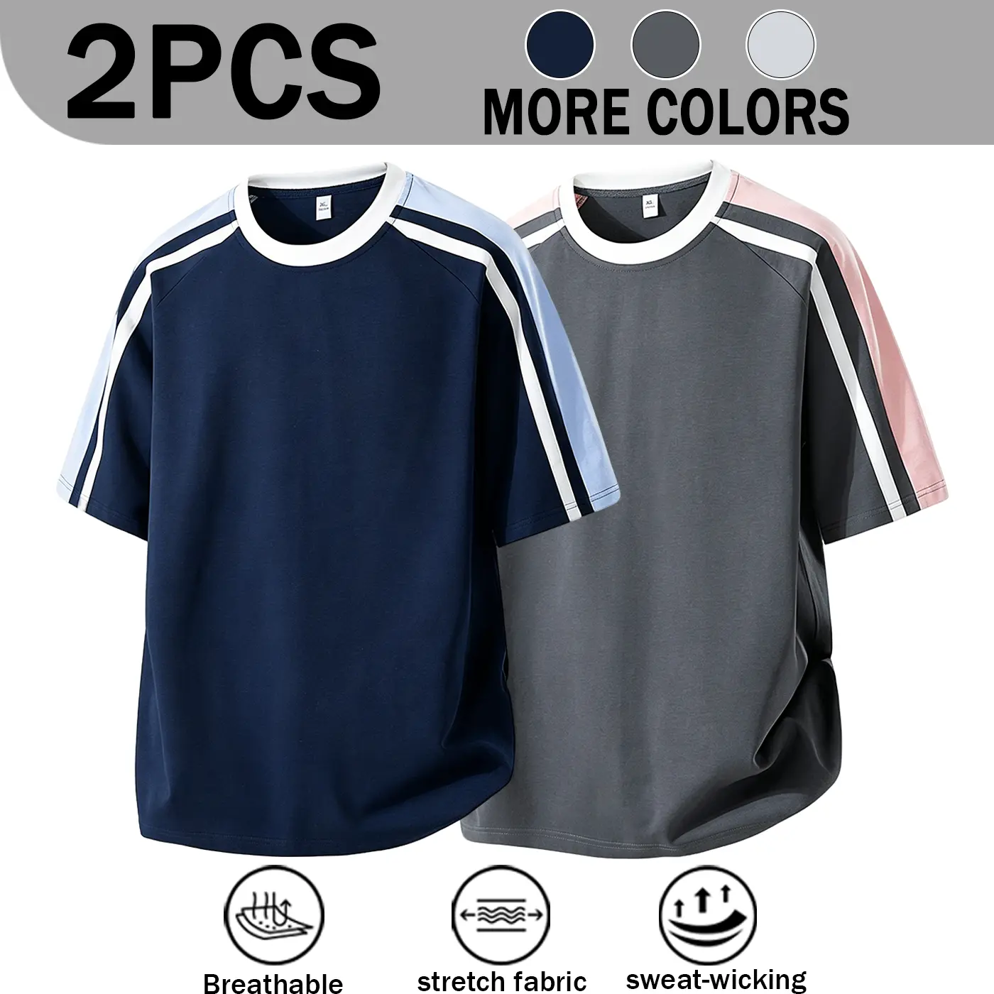 Summer Men's Crew Neck Short Sleeve T-Shirt, Raglan Sleeve Color Block Side Stripe Tee, Breathable Stretch Loose Fit Casual Daily Sports Basic Top