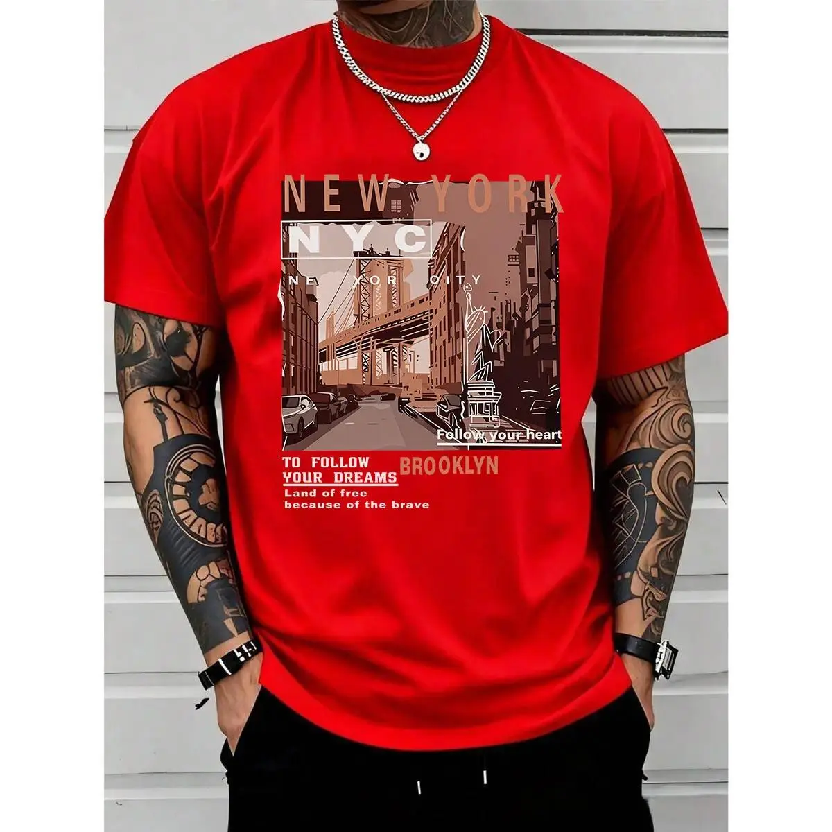 Men's Graphic T-Shirt with Retro Brooklyn Print, Casual Streetwear Regular Fit Short Sleeve in a Stretch Cotton Blend Fabric, Soccer, Car, Juneteenth, Mask, Thanksgiving, Sneaker, Hawaiian, Veterans Day, Columbus Day, Shell, Skiing, Retro Print, All Over,