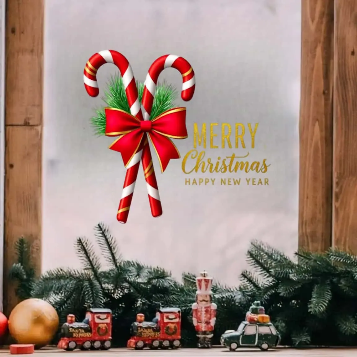 Christmas Window Decal, Candy Cane, Bow, Snowflakes, Merry Christmas Text, Home, Bedroom, School, Restaurant, Office Decorations, Ornaments