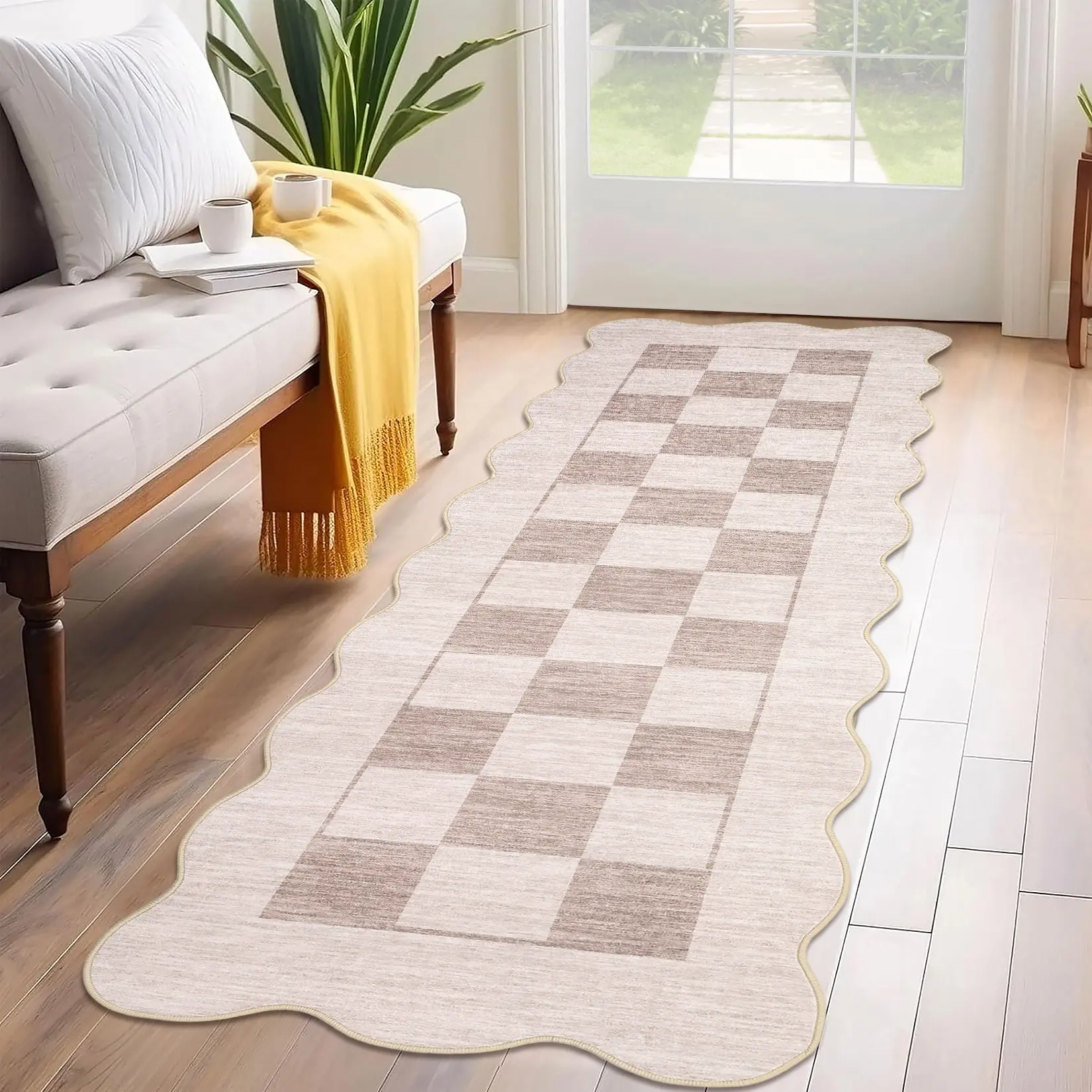Washable Checkered Area Rug with Scalloped Edge, Modern Low-Pile Faux Wool, Non-Slip & Mark Resistant for Living Room/Bedroom/Office