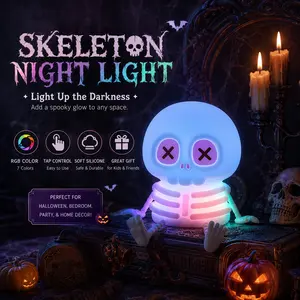 Gothic Skull Night Light, Cute Skeleton Tap Lamp with RGB Color Changing Glow, Silicone Touch Sensor Bedside Lamp, Dark Aesthetic Room Decor, Spooky Home Decoration Gift, Halloween Party Decor