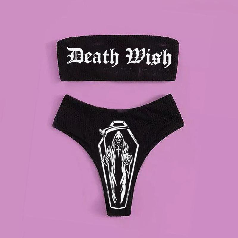 Women's Dark Gothic Strapless Bikini - Strapless Swimsuit Top, Gothic-Inspired Bathing Suit High Rise Swimwear
