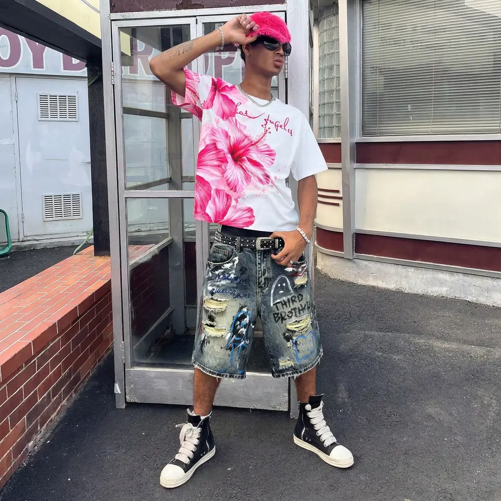 Graffiti Graphic Distressed Ripped Baggy Denim Bermuda Shorts For Men Mid Rise Raw Frayed Hem Acid Wash Knee Length Jorts, Y2K Urban Hip Hop Streetwear Shorts For Fashion Creators Summer Street Shooting