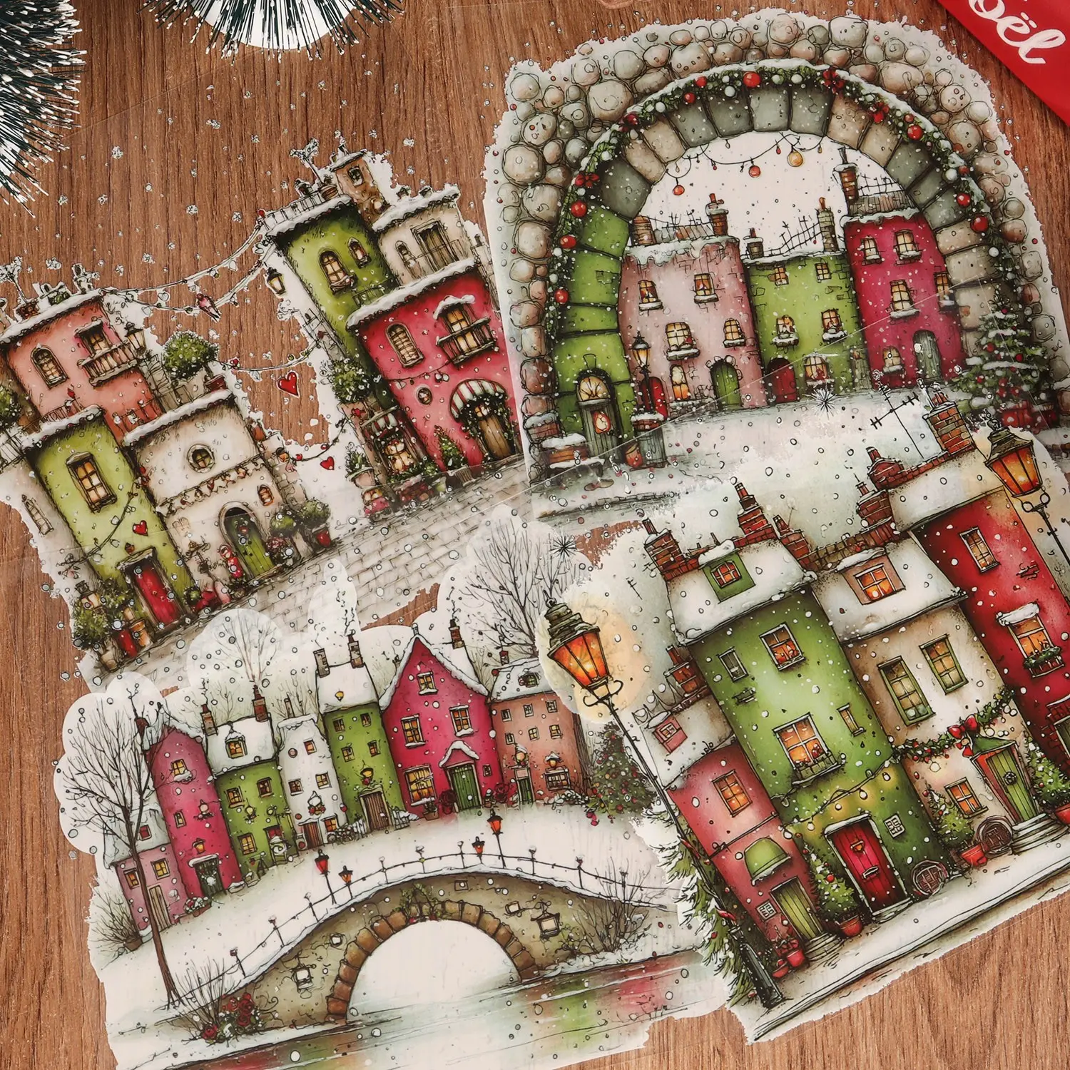 24sheets(5.51*5.51in)PET Transparent Watercolor Christmas Town Self-adhesive Scrapbook Sticker, Aesthetic Stickers, with Old Streets and Houses, DIY Background Decals, for Glass Decor, Scrapbooking Supplies, Junk Journals