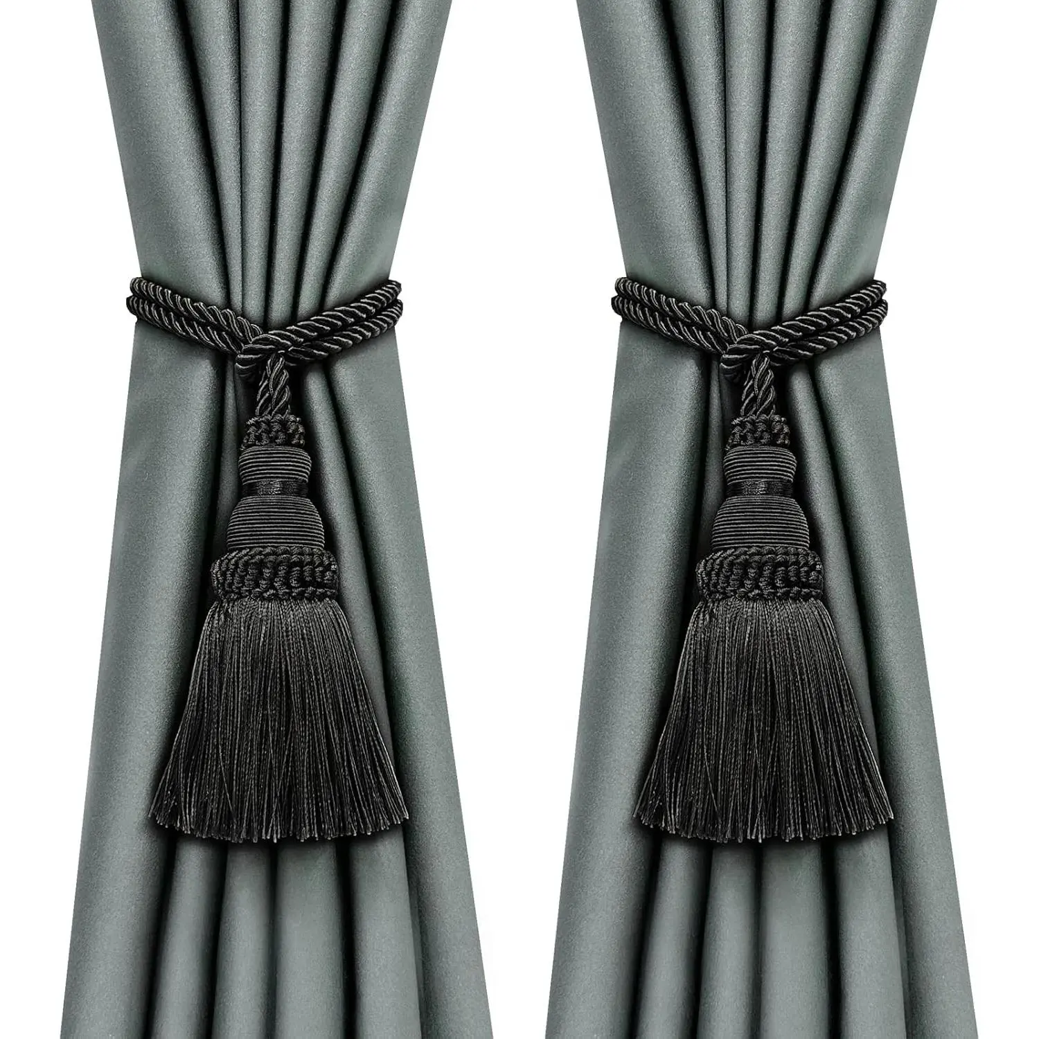 2 Pack Black Rope Tassel Curtain Tiebacks, Handmade Curtain Holdbacks for Home & Outdoor DecorativeGift