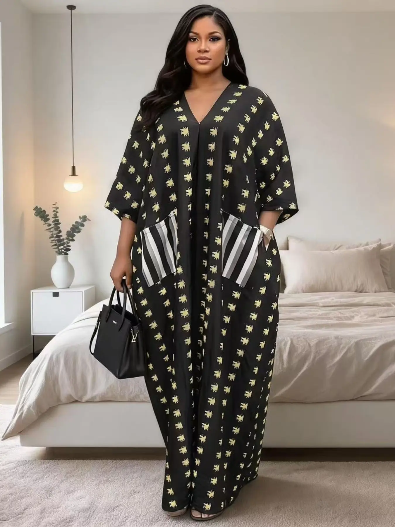 Plus Size V Neck Batwing Sleeve Striped Pocket Boubou, Cute Lady Long Robe, Sexy Backless Bow Loose Dress, Summer Beach Print Kaftan, Chic, Casual