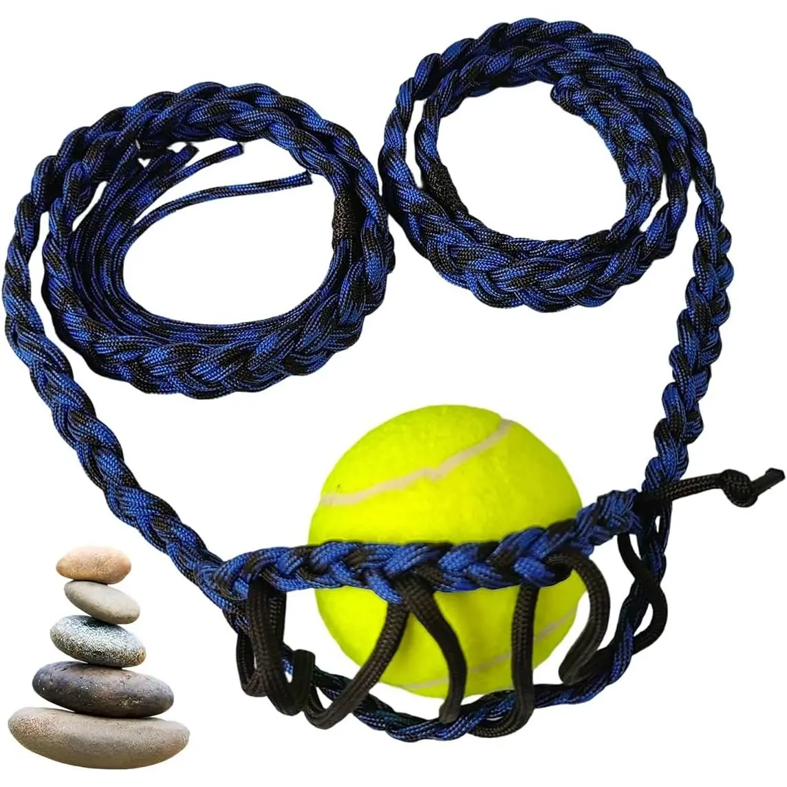 Paracord Balearic Shepherd Sling, 63 Inch Handcrafted Braided Slingshot, Roman Greek Throwing Sling for Stones & Tennis Balls (Black&Blue)