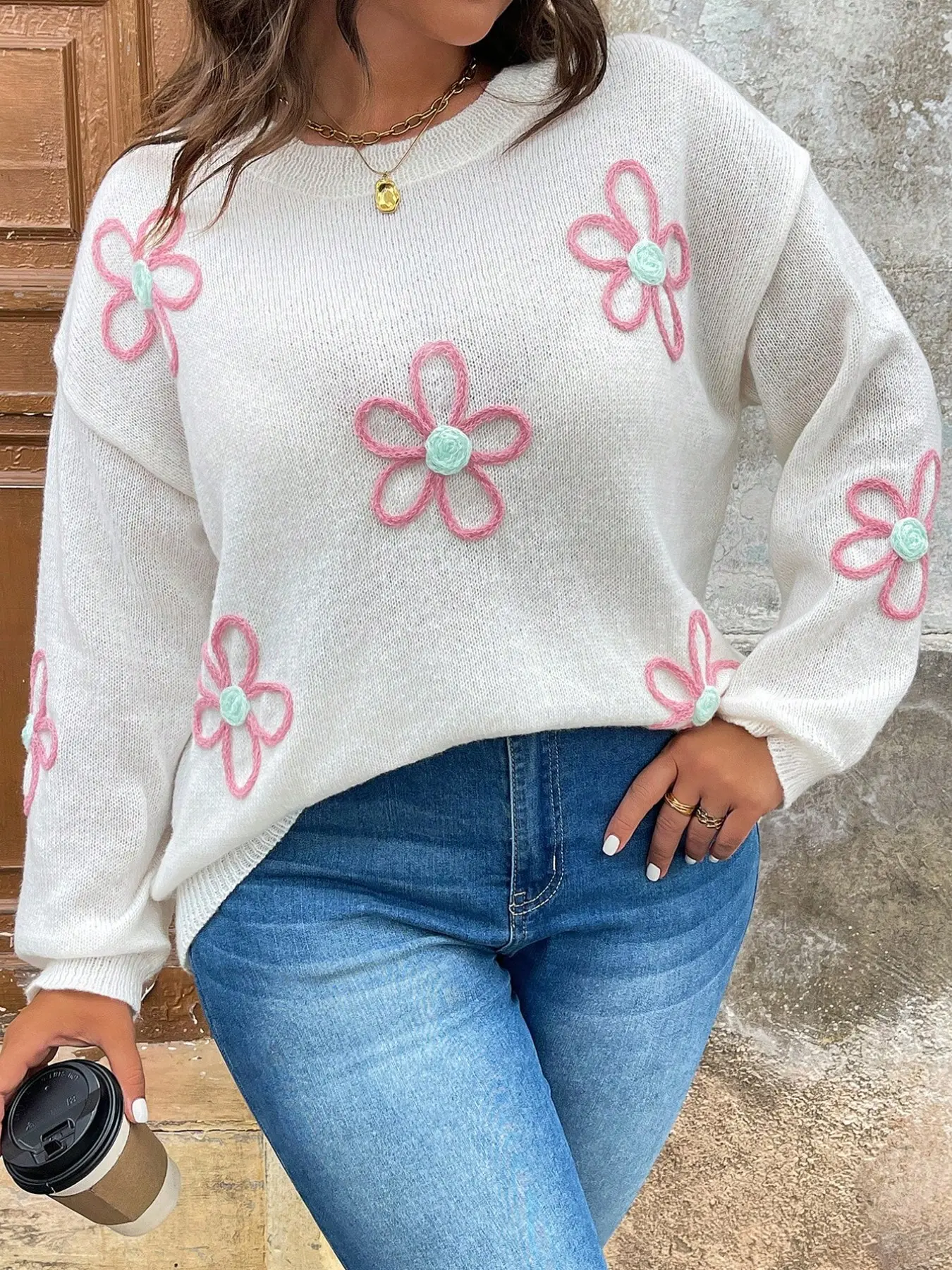 【Plus Size】 Floral Pattern Flower Drop Shoulder Knitwear Sweater Pullover, Casual Long Sleeve Round Neck Jumper for Fall & Winter, Women's Plus Clothing for Daily Wear