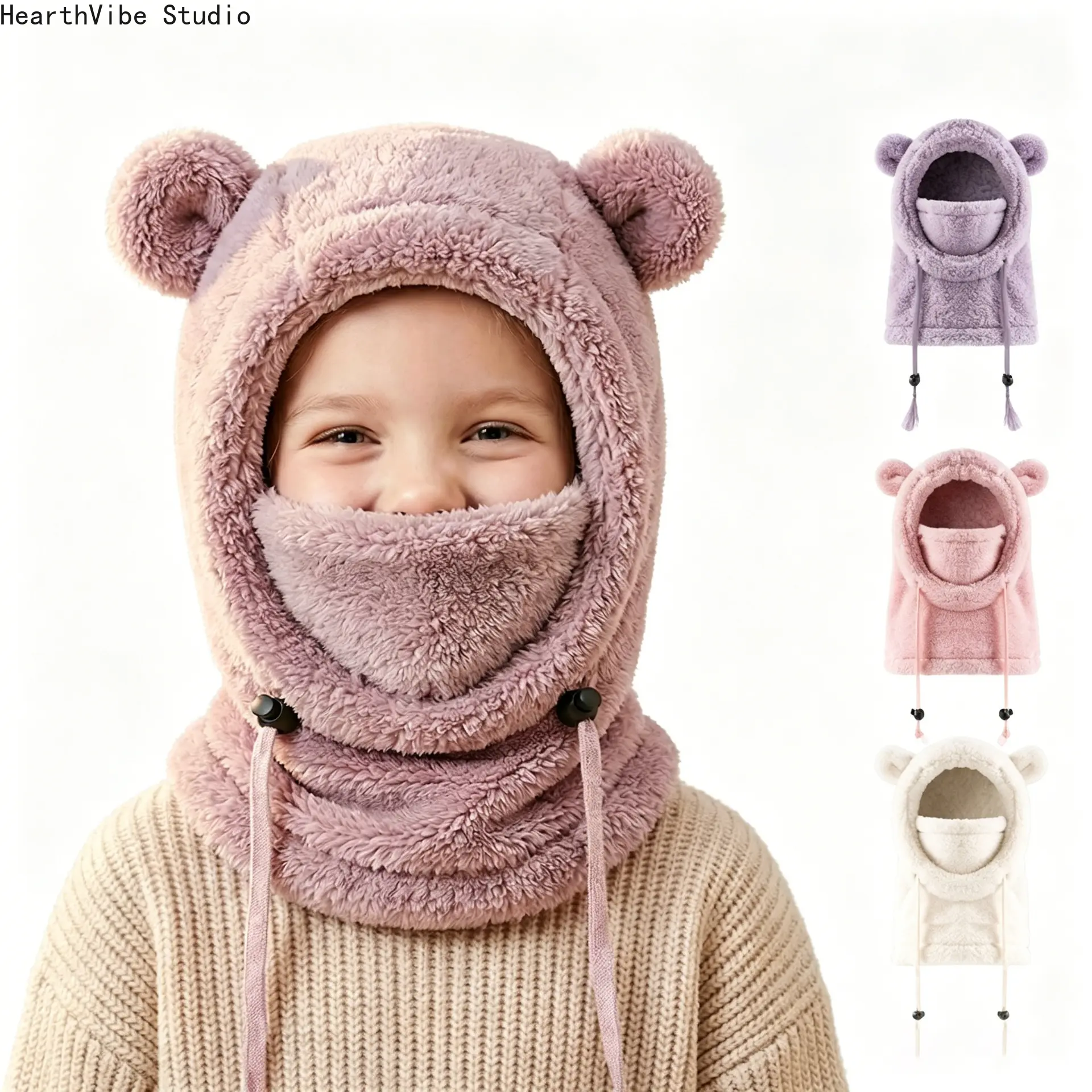 Unisex Bear Ear Balaclava - Fuzzy Fleece Windproof Cap with Adjustable Hood, Thermal Knit Neck Warmer, Winter Ski Mask for Kids’ Outdoor Snow Sports, Unisex Wear Christmas Gift