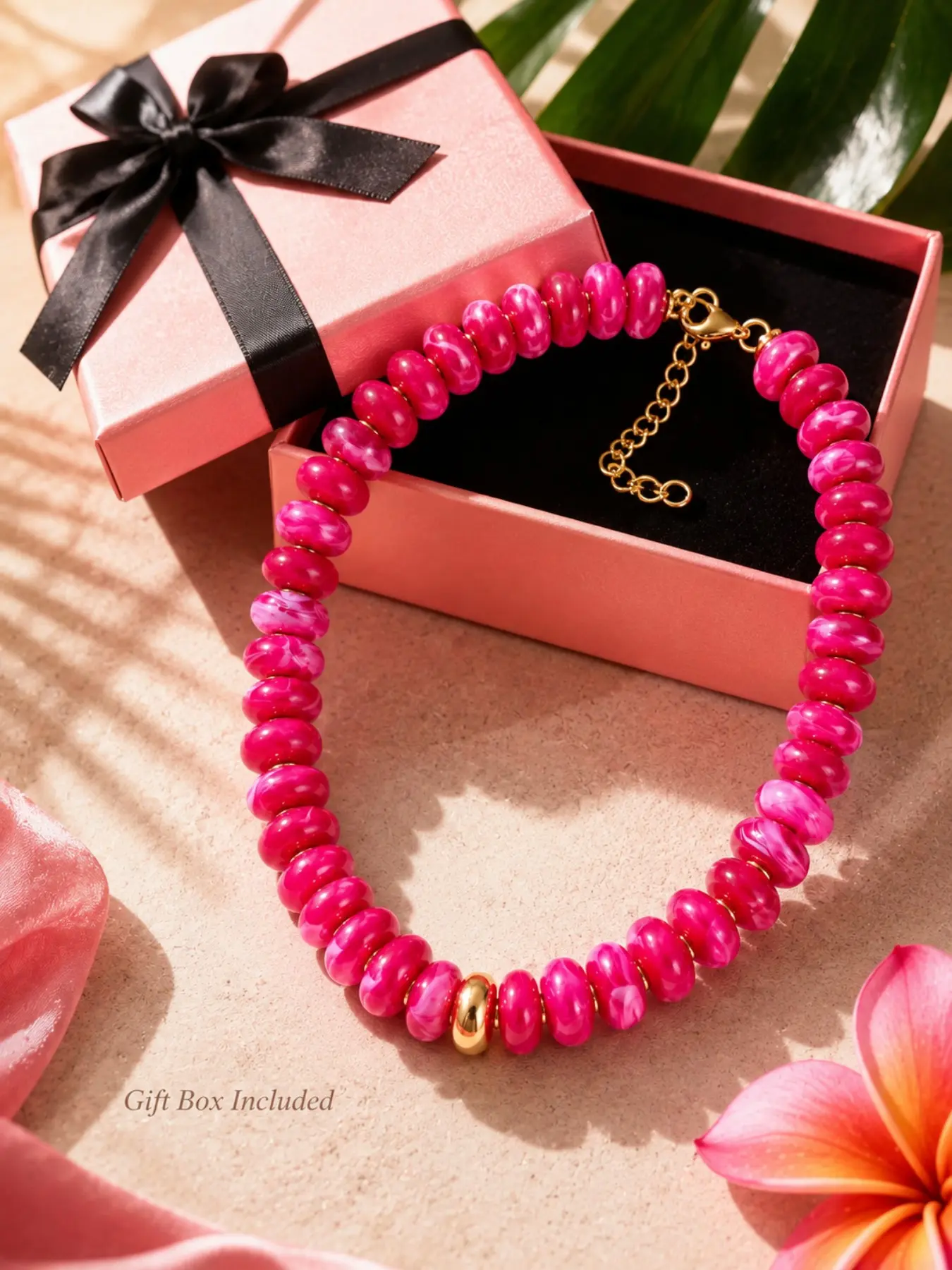 Gift Box Included | Hot Pink Chunky Beaded Statement Necklace for Women, Adjustable Colorful Collar Necklace, Dopamine Y2K Jewelry, Back to School, Wedding Guest, Bridesmaid Gift, Holiday Birthday Gift