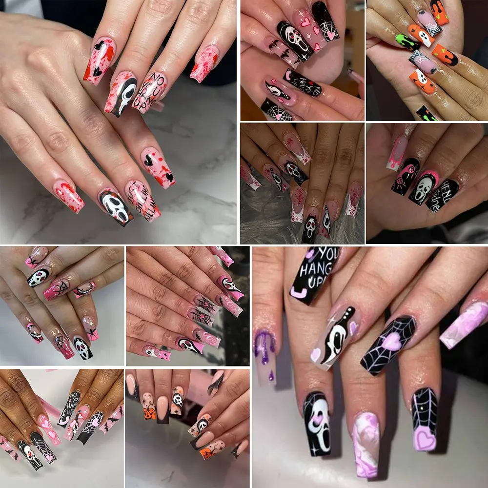 Halloween Press-On Nails Set, 240 Pieces, Medium Square, Ghost, Mummy, Blood Drop, Bat, Spider Web, Pumpkin Design, French Tip, Women & Girls, Nail Designs