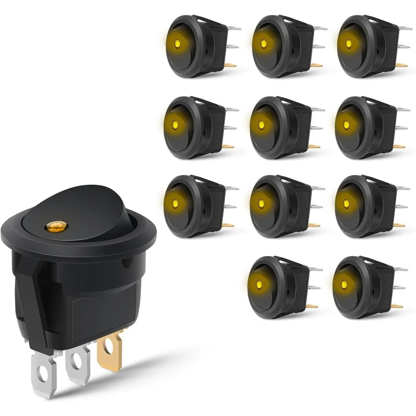 Nilight 12PCS Round Rocker Switches 12V 24V 20A Yellow LED Toggle swtiches SPST 3 Pin 2 Position for Car Truck Vehicle Boat Marine Rocker On Off Control