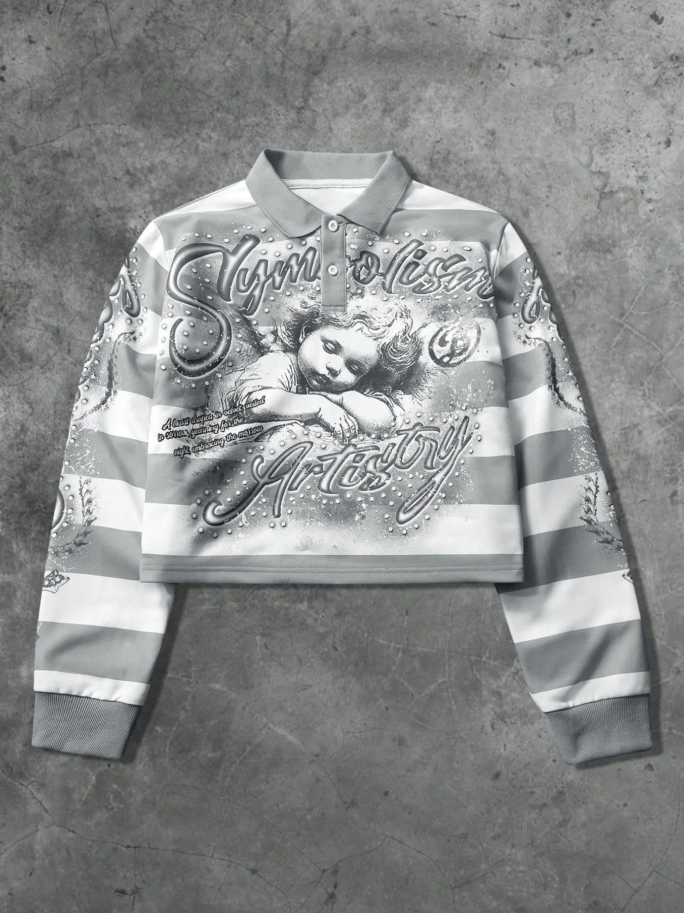 Vintage Retro Angel Print Striped Cropped Long Sleeve Shirt Rhinestone Decor Collared Longsleeve Top Soft Grunge Gothic Streetwear Boxy Cropped Top Men Festival Casual Street OOTD