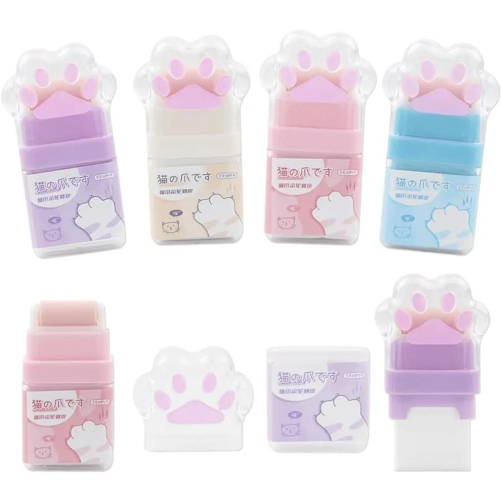 Paw Theme Cartoon Look Erasing Tool - 4-Count Compact Rubber Paw Roller Erasers with Shaving Roller Case, 70x31x15mm Office School Stationery Writing Correction Supplies