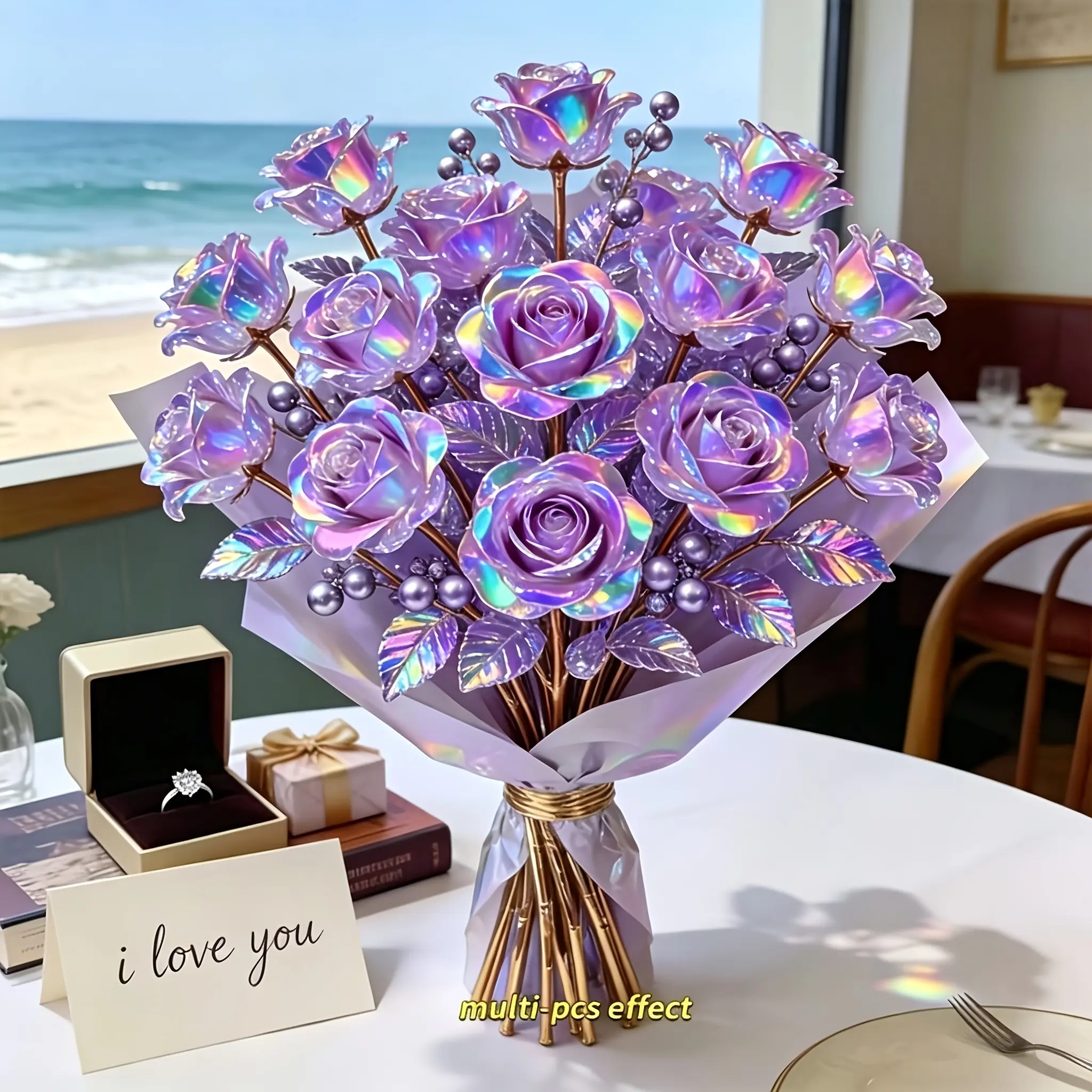 Halloween/Christmas decorations, set of 10 premium crystal preserved flower bouquets, purple rose and berry gift box, suitable for weddings and Mother's Day