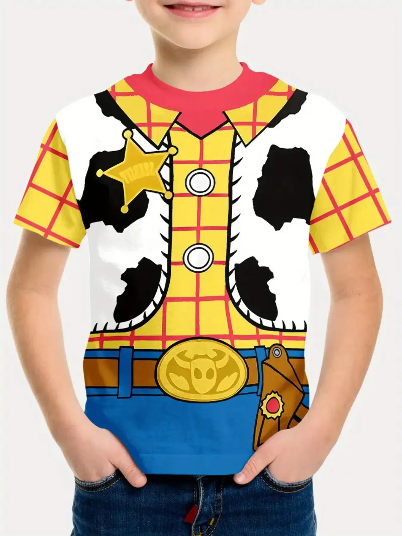 Grid Cow Print Short Sleeve T-Shirt, Five-Star Police Badge Waist Gun Holster, Cartoon Role-Playing Tee, Graphic Tee, Animal Tee