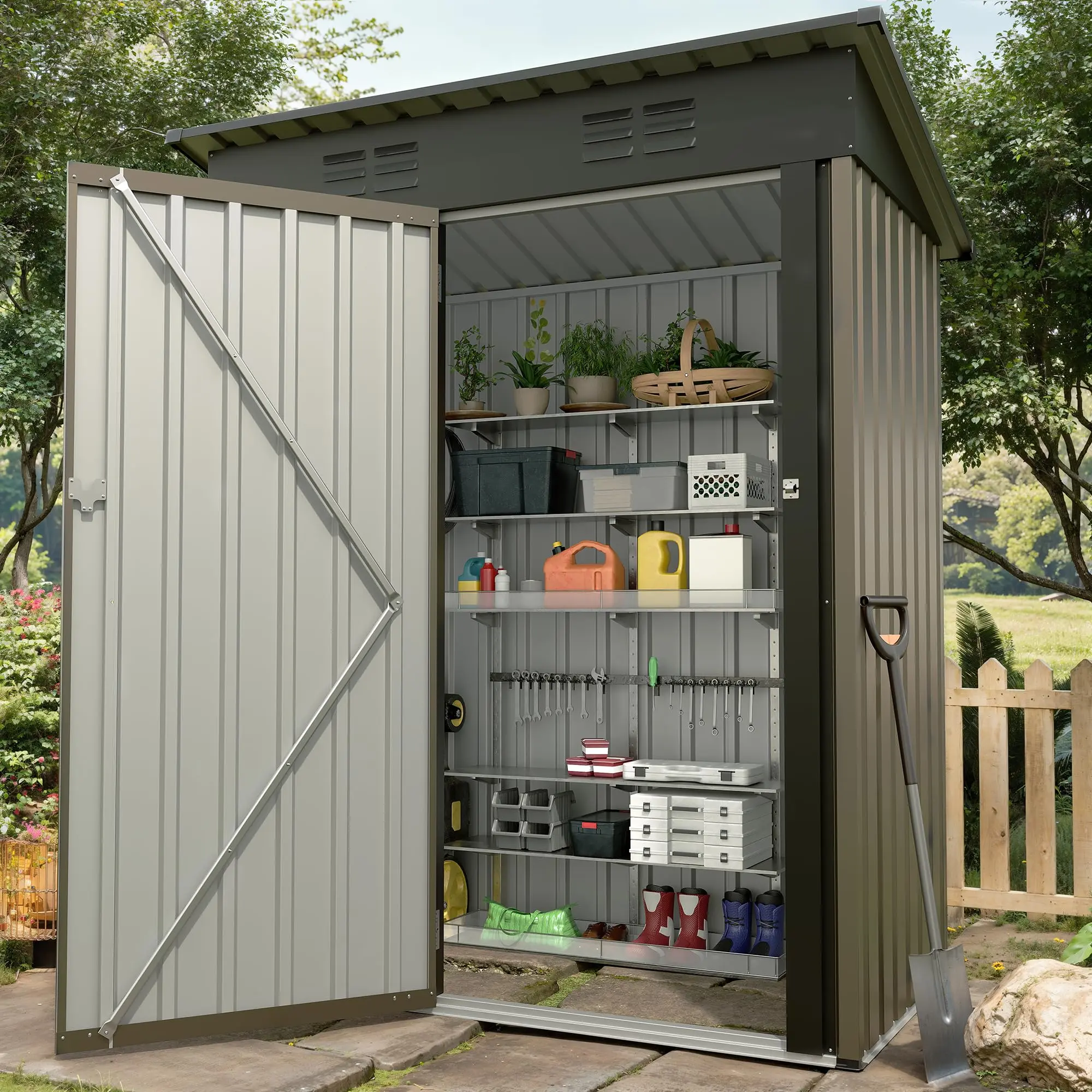 Garvee Weather-Resistant Metal Outdoor Storage Outdoor Storage – Steel Garden Tool Organizer with Sloped Roof & Lockable Door, Compact Patio or Backyard Outdoor Storage for Trash Cans & Tools
