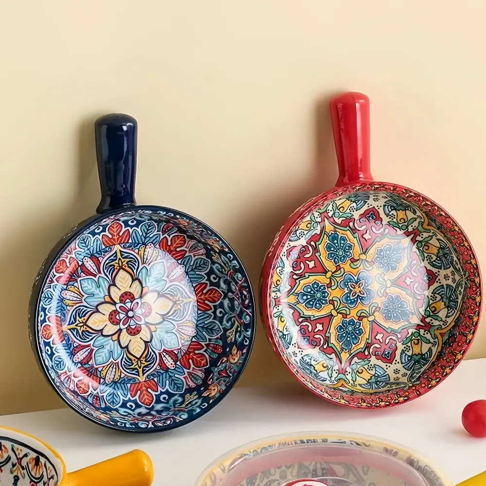 Boho-Style Ceramic Salad Serving Bowls with Handles, 2-Piece Set, Colorful Floral Pattern, Microwave and Oven Safe for Home Baking & Serving, Kitchenware Ceramics