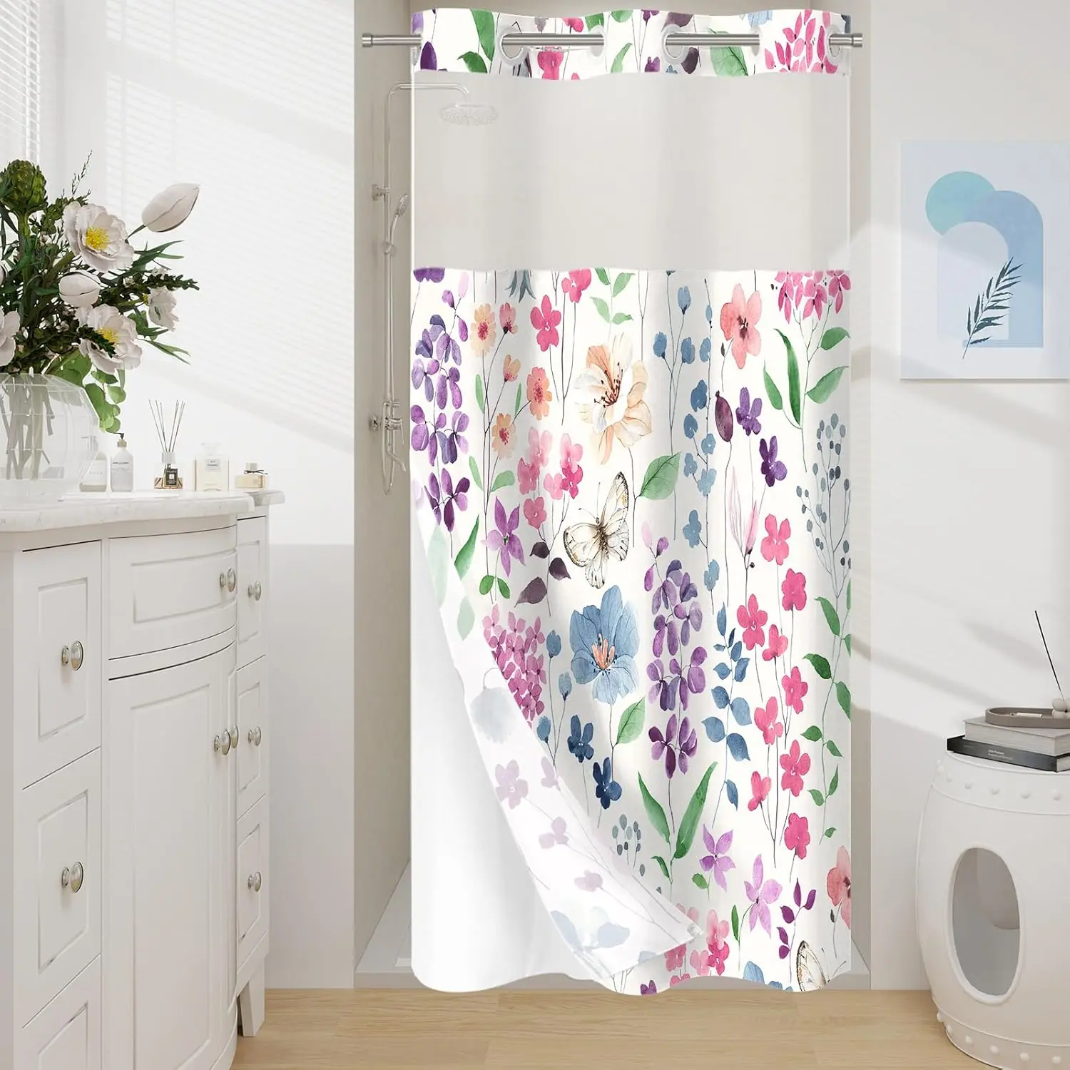 36x74in No-Hook Decorative Watercolor Floral Shower Curtain with Snap-In Waterproof Washable Liner Set, Botanical Leaf Design for Farmhouse Bathroom Use