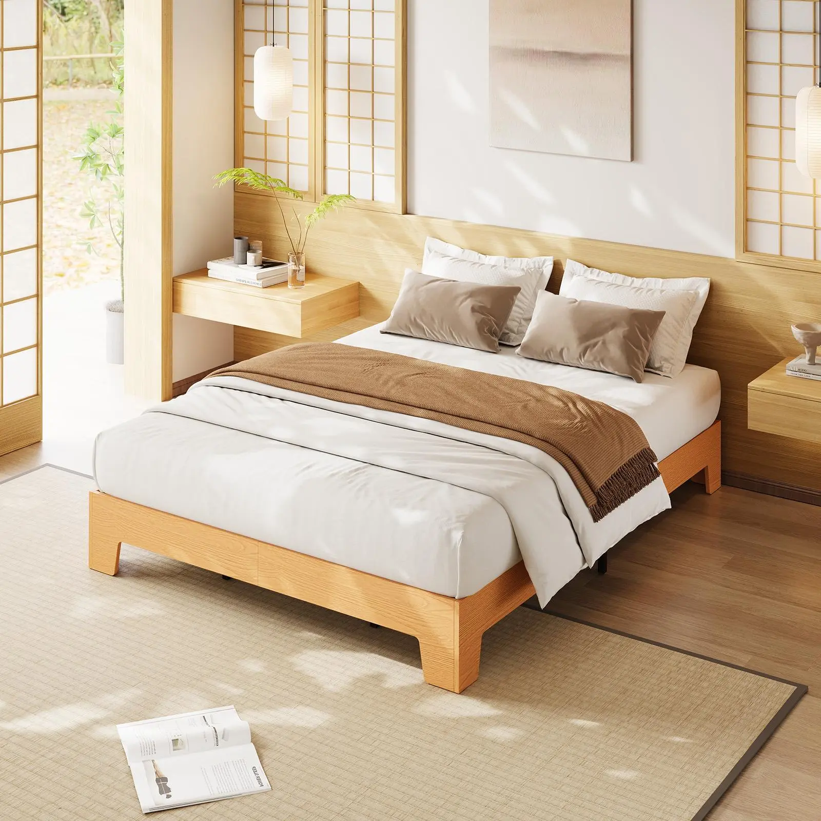 Modern Wood Platform Bed Frame, Minimalist Scandinavian Wooden Bed Base in Walnut Oak Pine, No Box Spring Required Squeak-Free Mattress Foundation with Underbed Storage, Heavy Duty Metal Center Support, Twin Full Queen King, California King, Durable, Low,