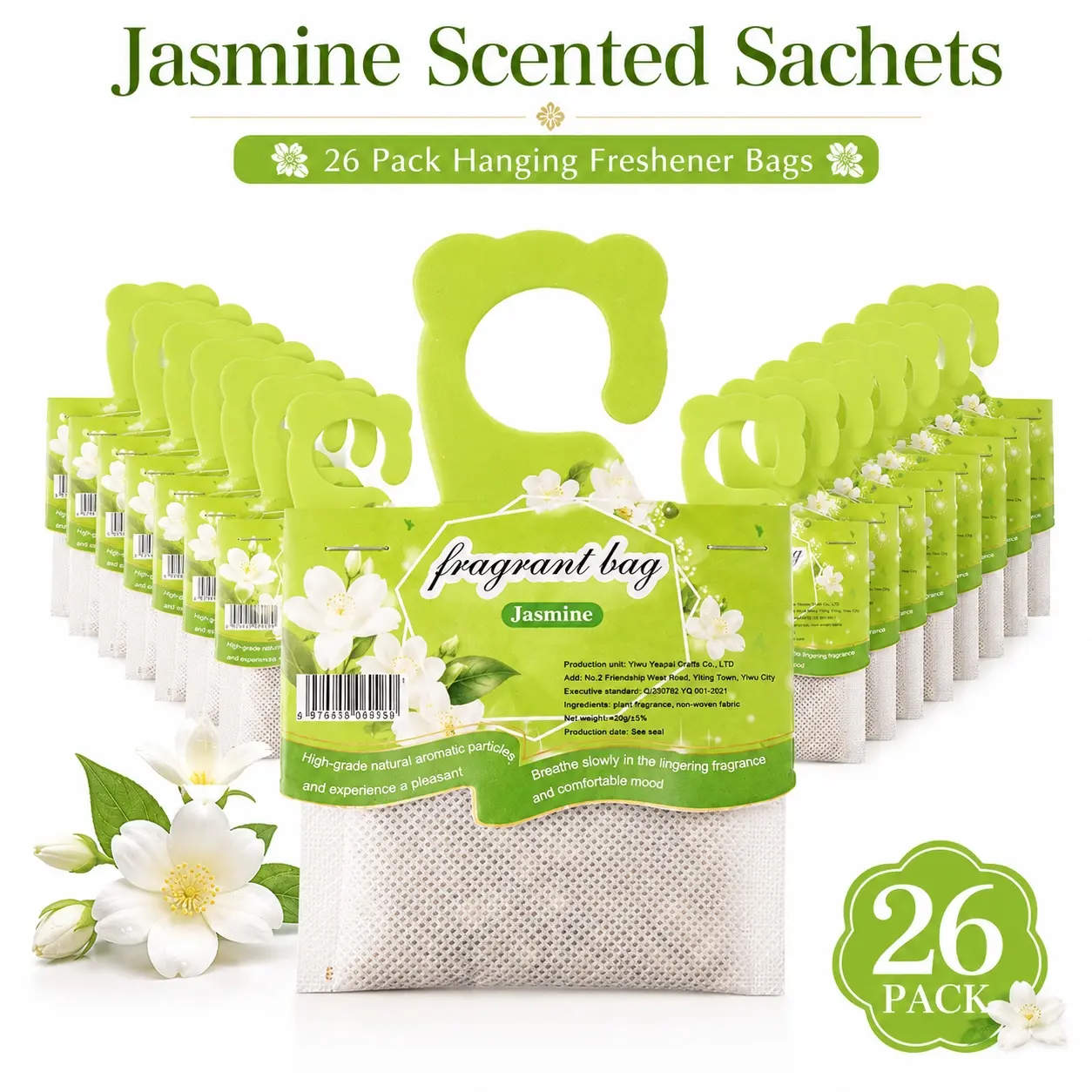 26Pcs Jasmine Scented Sachets, Hanging Closet Air Freshener Bags with Hook, Long Lasting Fragrance Sachets for Wardrobe, Drawers, Shoe Cabinet, Bathroom, Car, Luggage and Home Storage, Home Fragrances