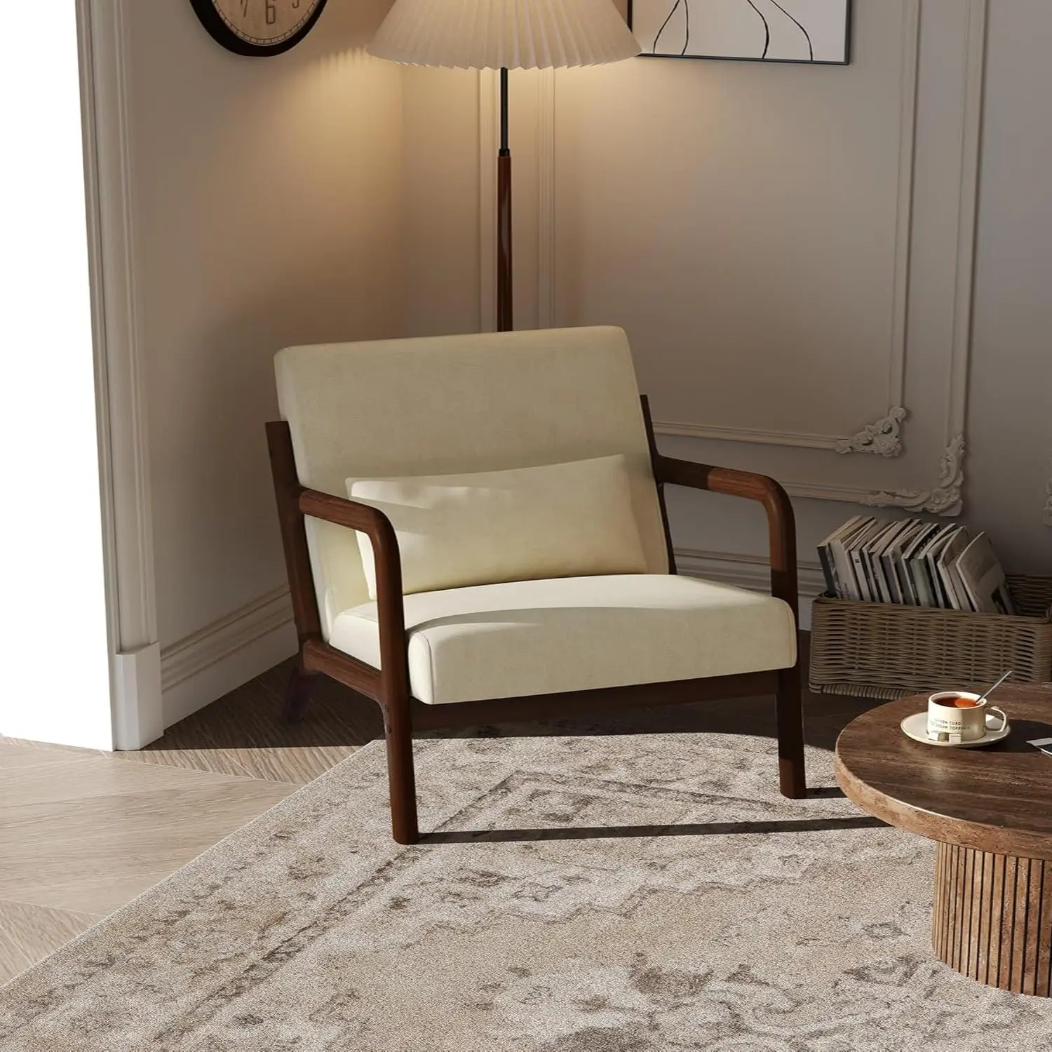 Mid-Century Modern Minimalist Lines 1-Person Accent Chair, Comfy Wide-Wale Corduroy/Chenille Lounge Reading Armchair with Lumbar Pillow, Sturdy Wood Frame, Easy Setup for Living Room, Bedroom, Office
