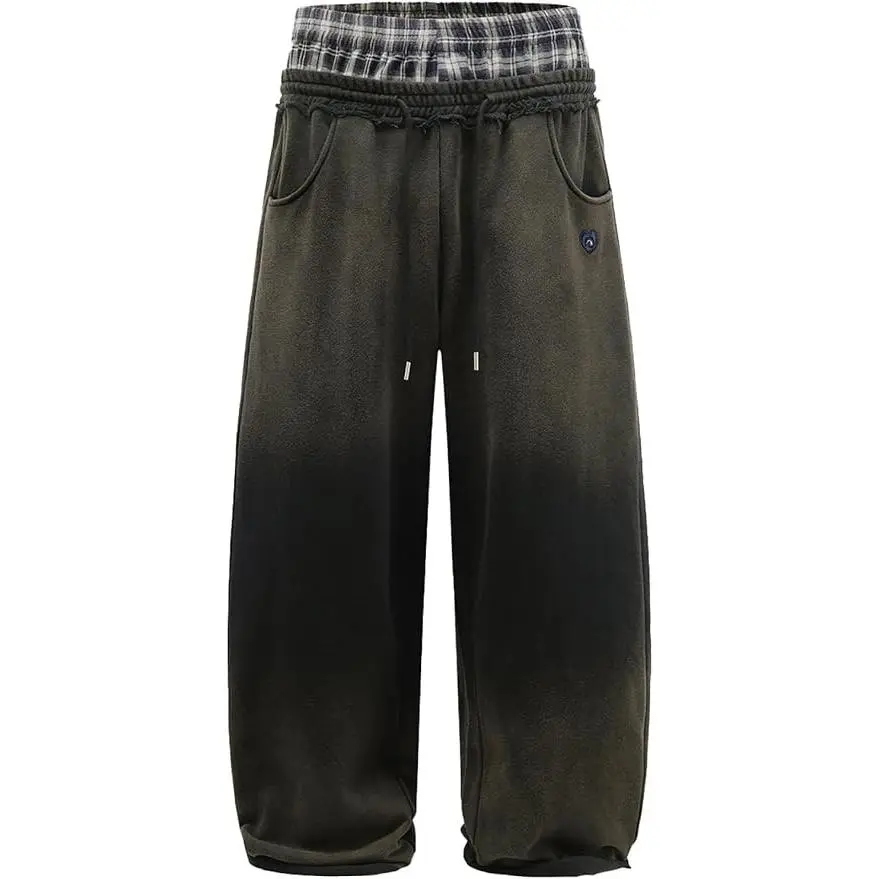 Double Waist Washed Baggy Sweatpants Loose Wide Leg Plaid Patchwork Casual Pants with Pockets
