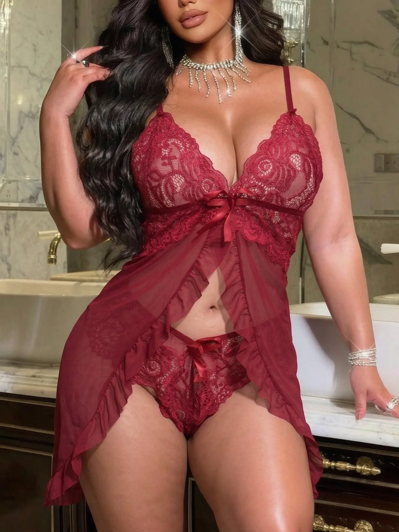 1 Set Women's Sexy Charm Ruffle Trim See-Through Sleepwear, Lace Bow Accent V-Neck Pyjama Set, Bow Detail Cami Nightdress, Adjustable Spaghetti Strap Sheer Mesh Panty Set, Ideal For Gift Giving, Special Occasions & Thoughtful Presents