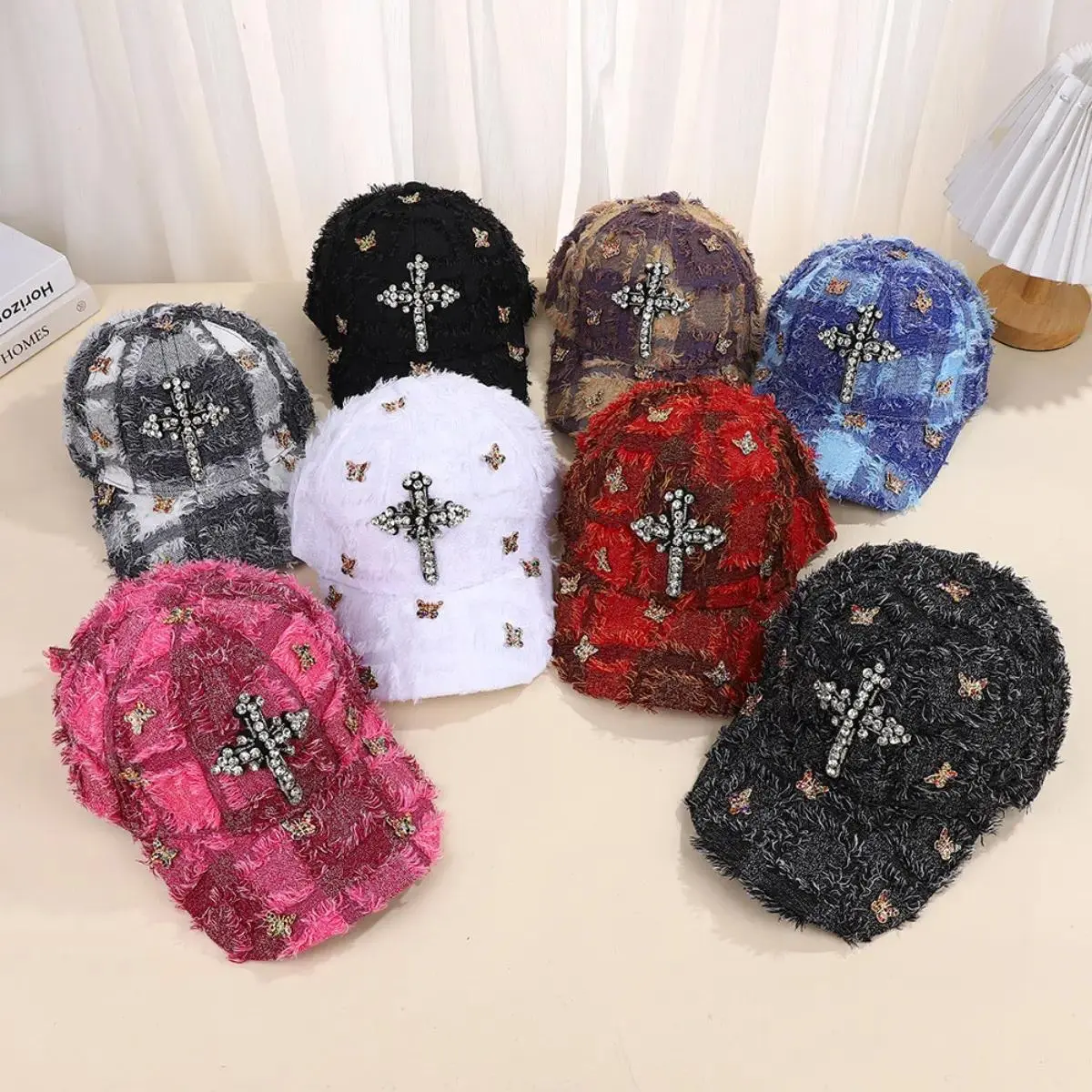 Women's Baseball Cap with Sparkly Rhinestone Butterfly and Fluffy Fringe, Lightweight Adjustable Headwear for Outdoor Music Events, Multiple Colors, Outdoor Wear
