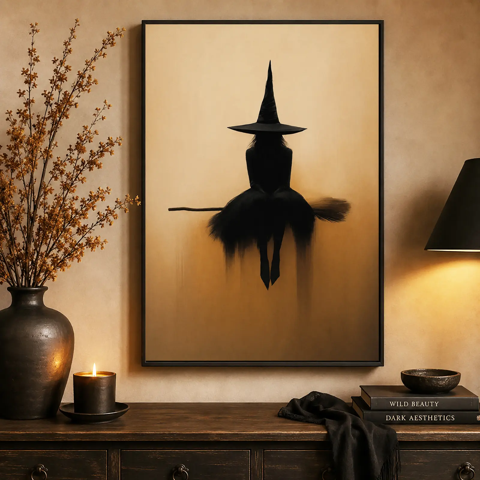 Witch Silhouette on Broom Canvas Wall Art Poster - 16"x24"/20"x30" Halloween Gothic Spooky Room Decor, Secure Fast Shipping, Protective Pack Gift for Women’s Bedroom & Home