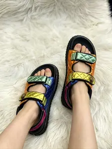 Kurt Geiger metallic quilted platform chunky sole sandals, multi-color velcro straps, shiny color block, trendy summer casual shoes for street style girls