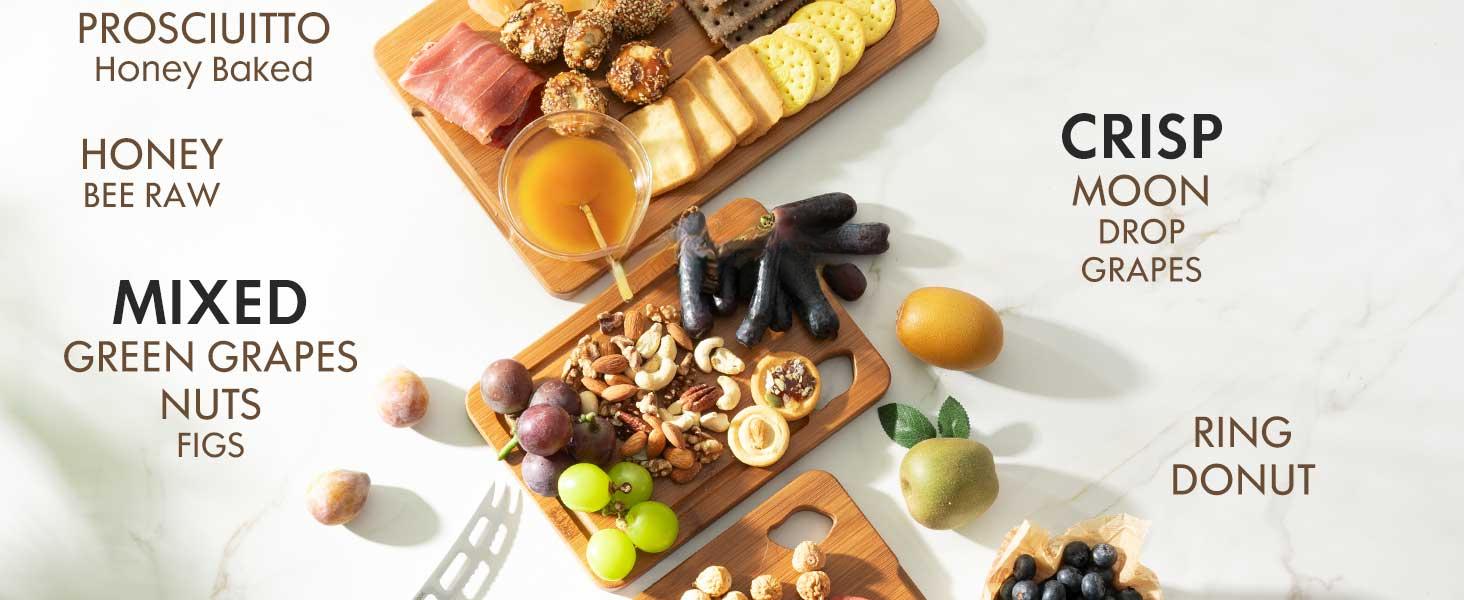 Deep-Carbonized Bamboo Cutting Boards for Kitchen with Wood Storage Stand, Reversible Charcuterie & Chopping Boards with Juice Grooves and Easy-Grip Handles, Knife-Friendly, Kitchen Gift