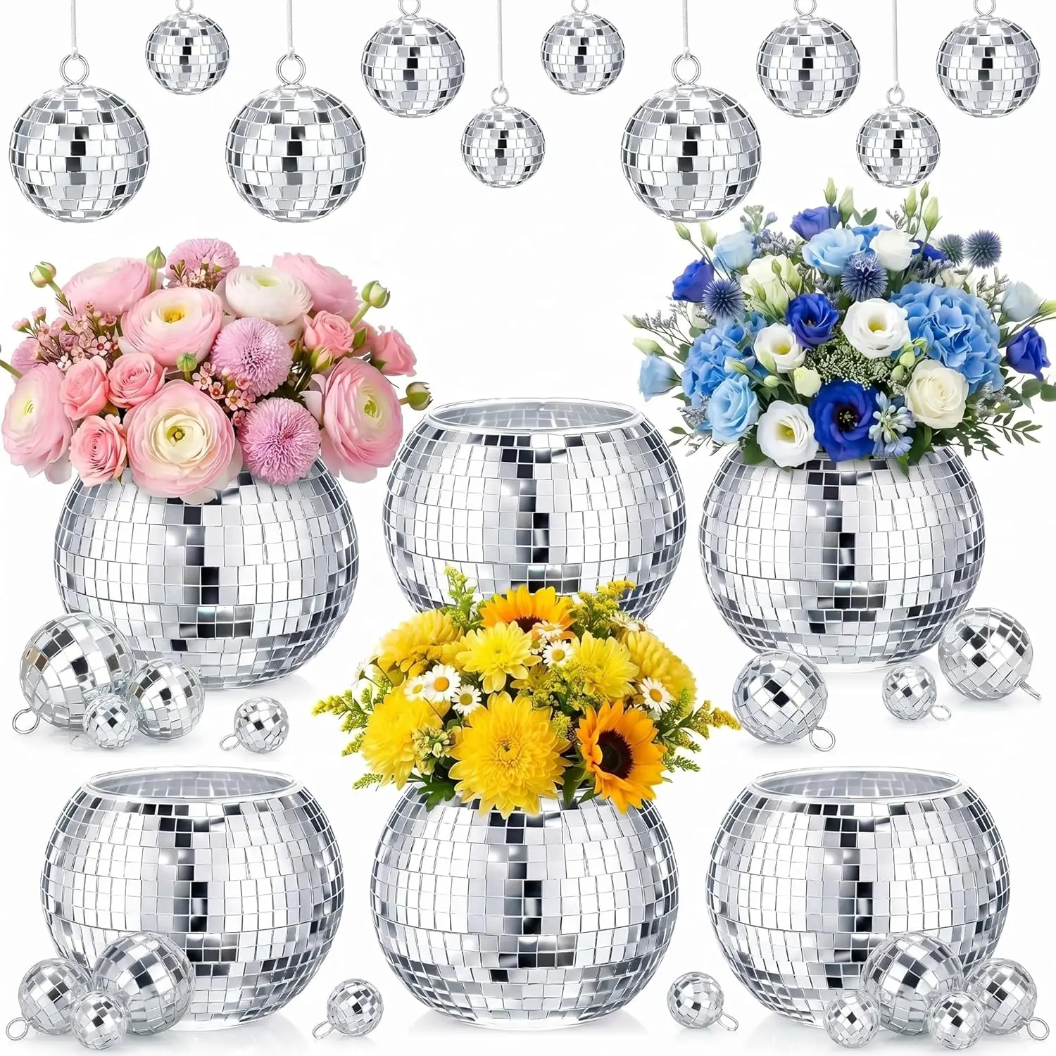 42-Piece Shiny Round Disco Party Table Ornaments Set - 6 x 3x4in Disco Ball Flower Vases, 36 Mini Silver Mirror Ball Centerpiece Cake Toppers for 70s Birthday, Christmas Parties