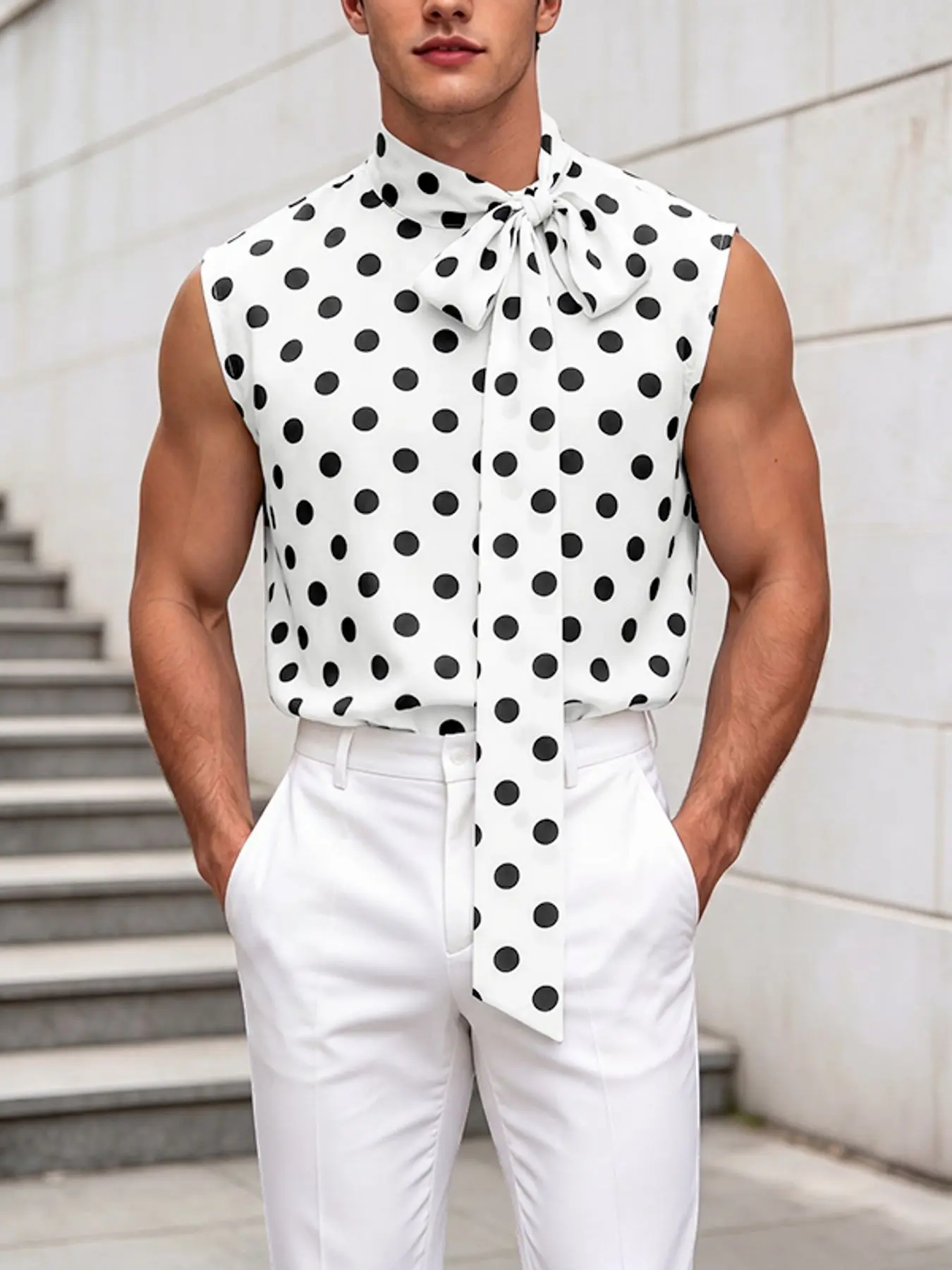 INCERUN Men's Casual Fashion Tank Top, Floral Polka Dot Ribbon Tie Backless Vest, Perfect for Daily Wear, Stylish and Comfortable Design