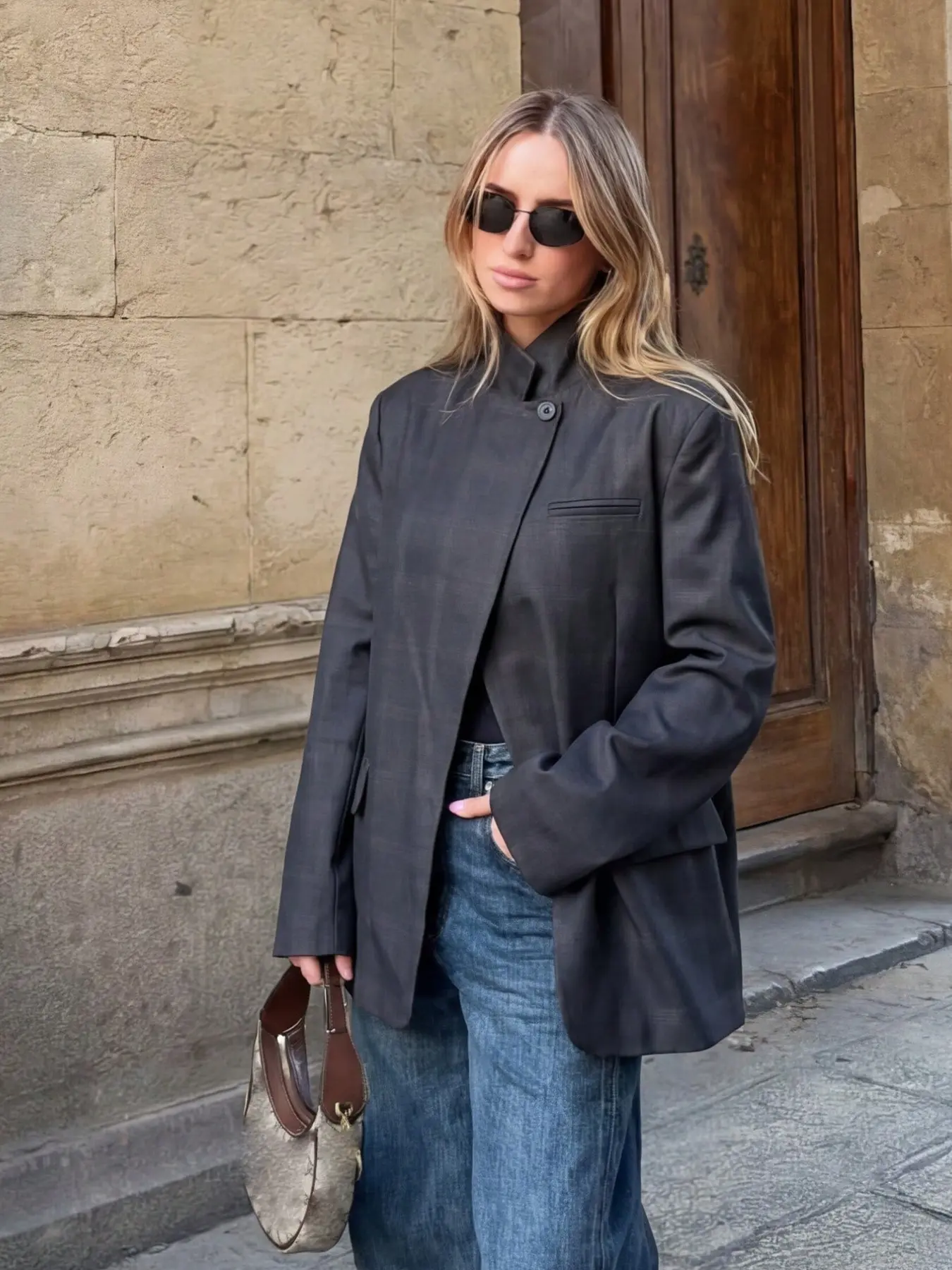 Women's All-Season British Vintage Tartan Stand Collar Jacket, Single Button Closure, Wrinkle-Resistant Fabric, Casual Office Wear