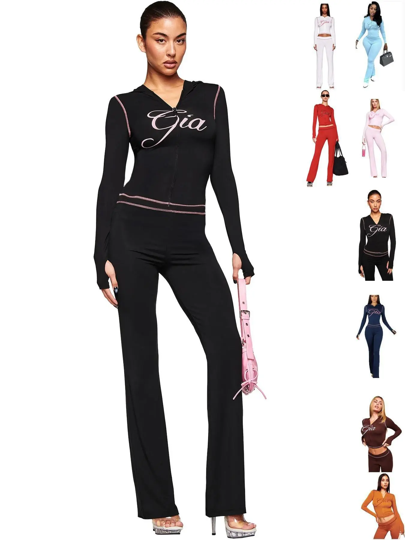 Women's Fashion Printed Hooded Long Sleeve Two-Piece Set with Thumb Holes and Micro Bell Sleeves, Sexy Outfit
