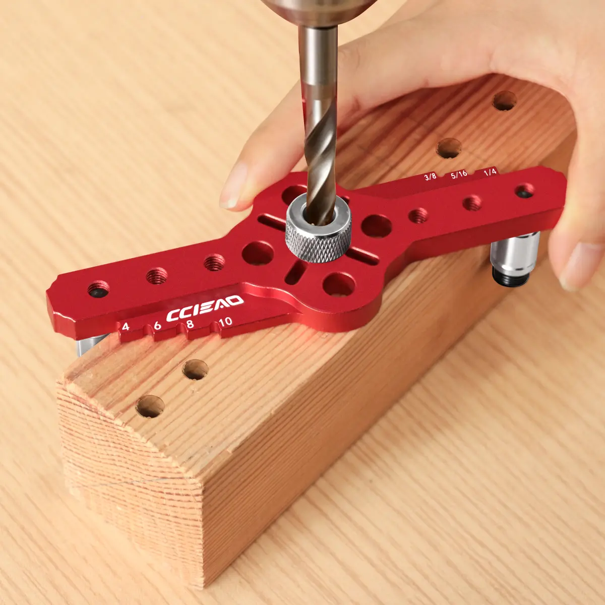 CCIEAO Red Woodworking Dowel Jig, Self-Centering Drill Guide Edge Marking Gauge, Aluminum Angle Ruler, Multi-Functional Drilling Locator, Measuring Marking Tool