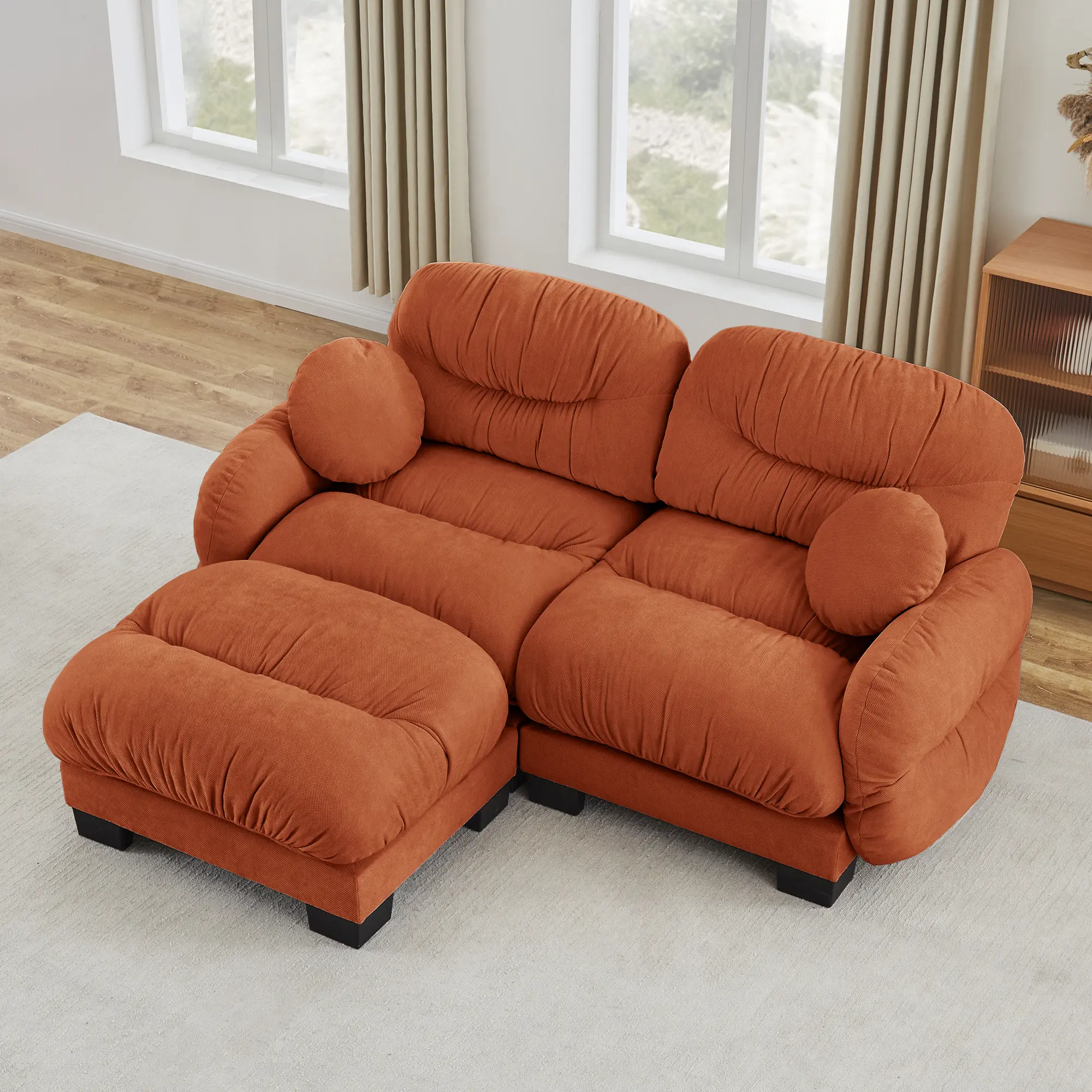 ARCH 2-Seat L-Shape Modular Sofa with Ottoman, Pleated Chenille Fabric, High-Density Ergonomic Foam Seat, Curved Round Armrests, 2 Throw Pillows, Orange, for Living Room Apartment, Modern Home Decor, Sohochic Indoor Furniture, Two Seats