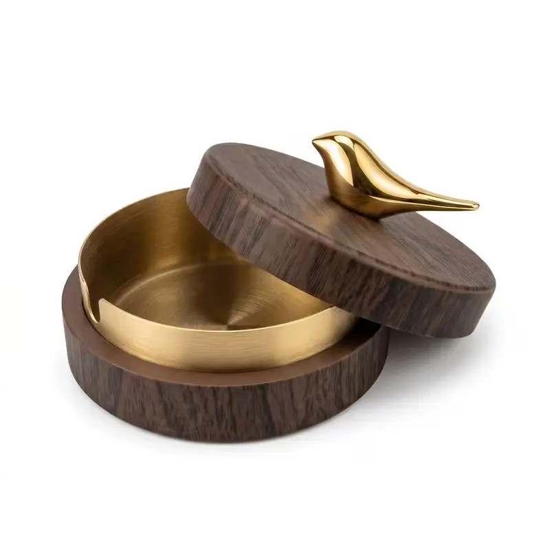 2-Piece Bird Ashtray Set with Lid, Windproof Ash Holder, Stainless Steel Lining, Easy Clean Wood Grain Design, Home Office Use