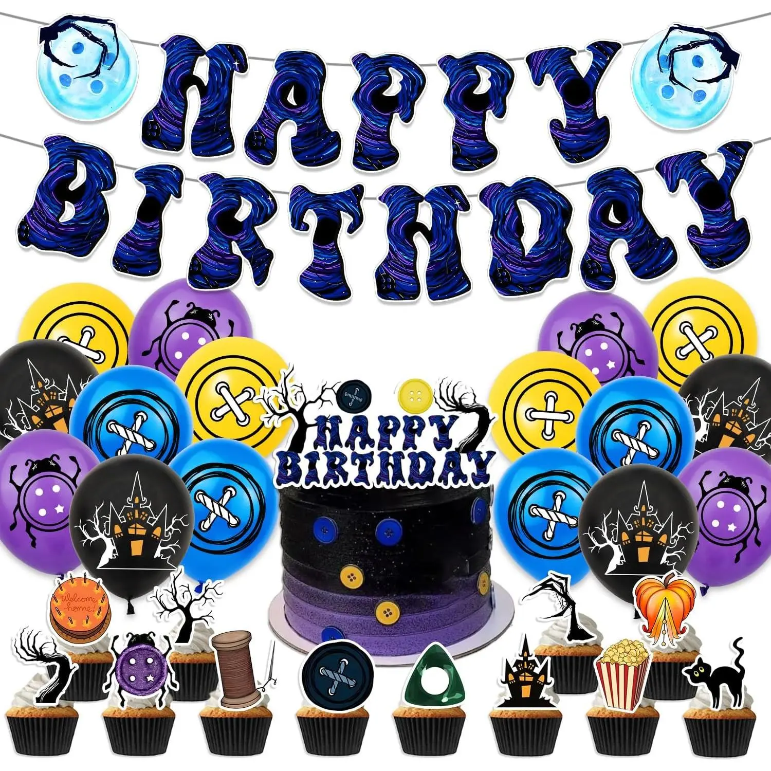 29PCS Cor-aline Movie Themed Halloween & Birthday Parties Kit – Cor-aline Banner, 18 Latex Balloons, Cake & Cupcake Toppers, Creepy Fun Festive Party Supplies