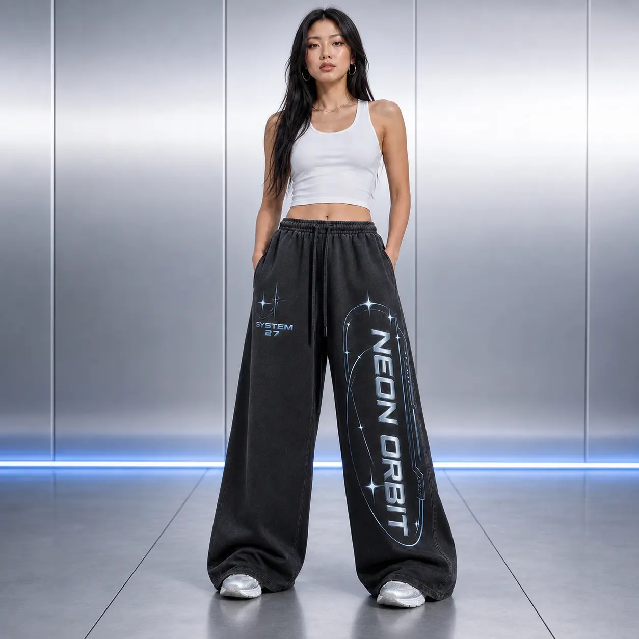 Women’s Futuristic Graphic Wide Leg Sweatpants, Oversized Baggy Lounge Pants with Drawstring Waist & Side Pockets, Soft Streetwear Joggers for Y2K Outfits, Dance, Travel, Campus, Gym, Airport, Casual Everyday Wear, Multiple Colors