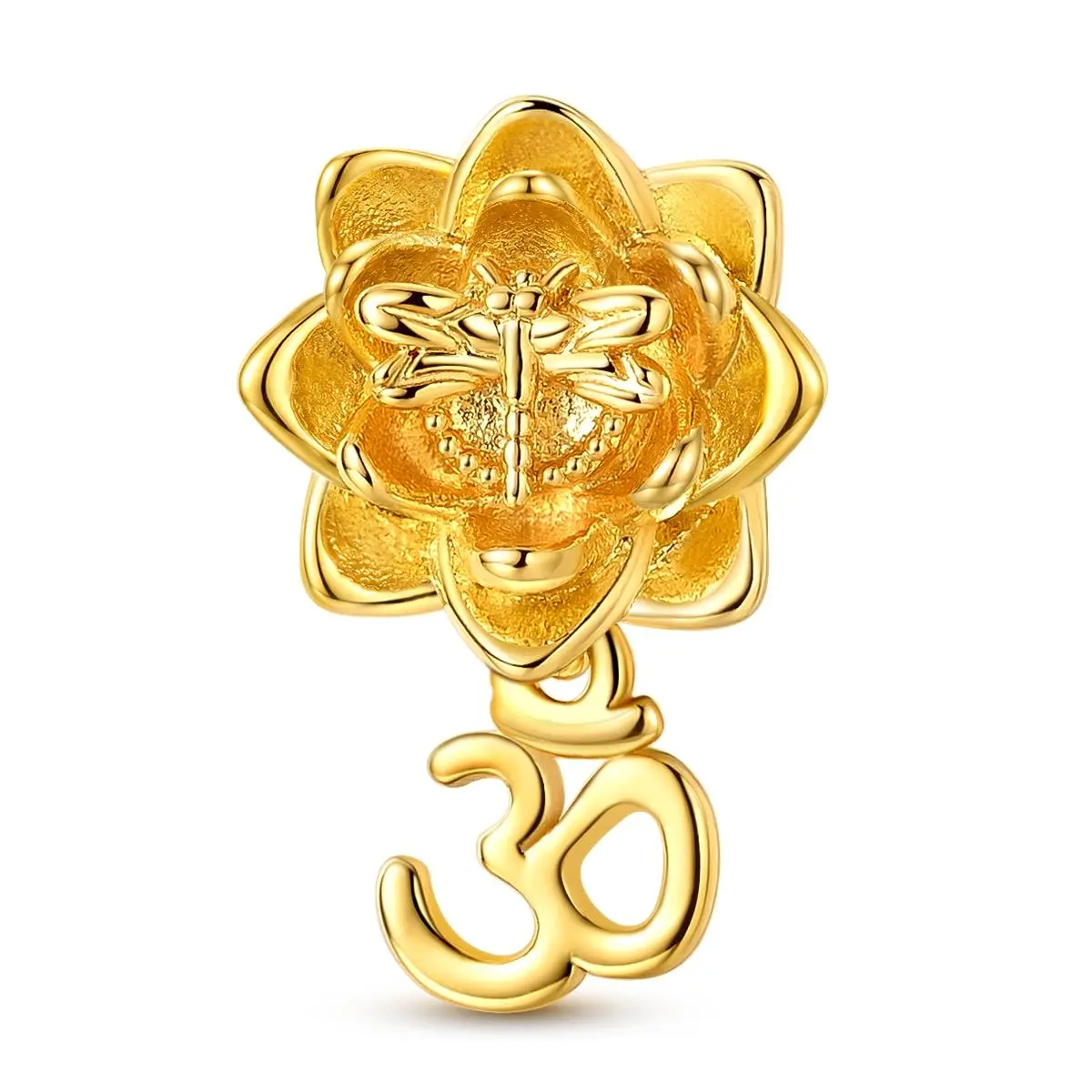 MULA S925 Gold Plated Lotus Pendant with Dragonfly, Om Symbol Yoga Bead Charm, Compatible with Pandora Bracelet, 18K Gold Zen Spiritual Jewelry Gift for Her