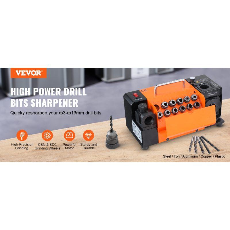 VEVOR Drill Bits Sharpener, 3-13mm Drill Bits Grinder Sharpener, Lip Relief Angle 95-135 Point Angle Adjustable Drill Bit Re-Sharpener, Portable Sharpening Machine with 11 Collets, CBN SDC Wheel