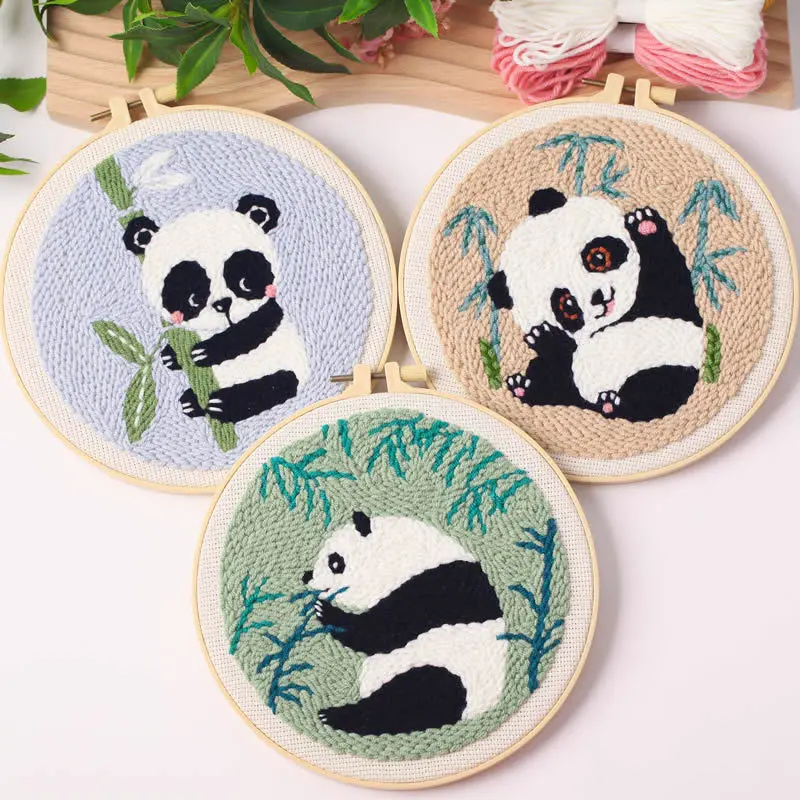 Cute Panda Punch Needle Embroidery DIY Kit (3PCS) - Handmade Rug Hooking Set With Embroidery Hoop, Fabric, Instructions For Beginners, Punch Needle Embroidery Kit