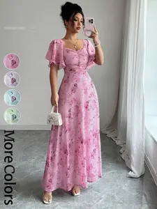 Floral Print Women's Dress, Pleated Detail, Belted Skirt / Women's Chiffon Butterfly Print, High-Waisted A-Line Dress with Bat Wings and Ruffles, Sweet French Chic Style Summer Wear, Engagement Dress / Bridesmaid Dress / Vacation / Casual Date Outfit