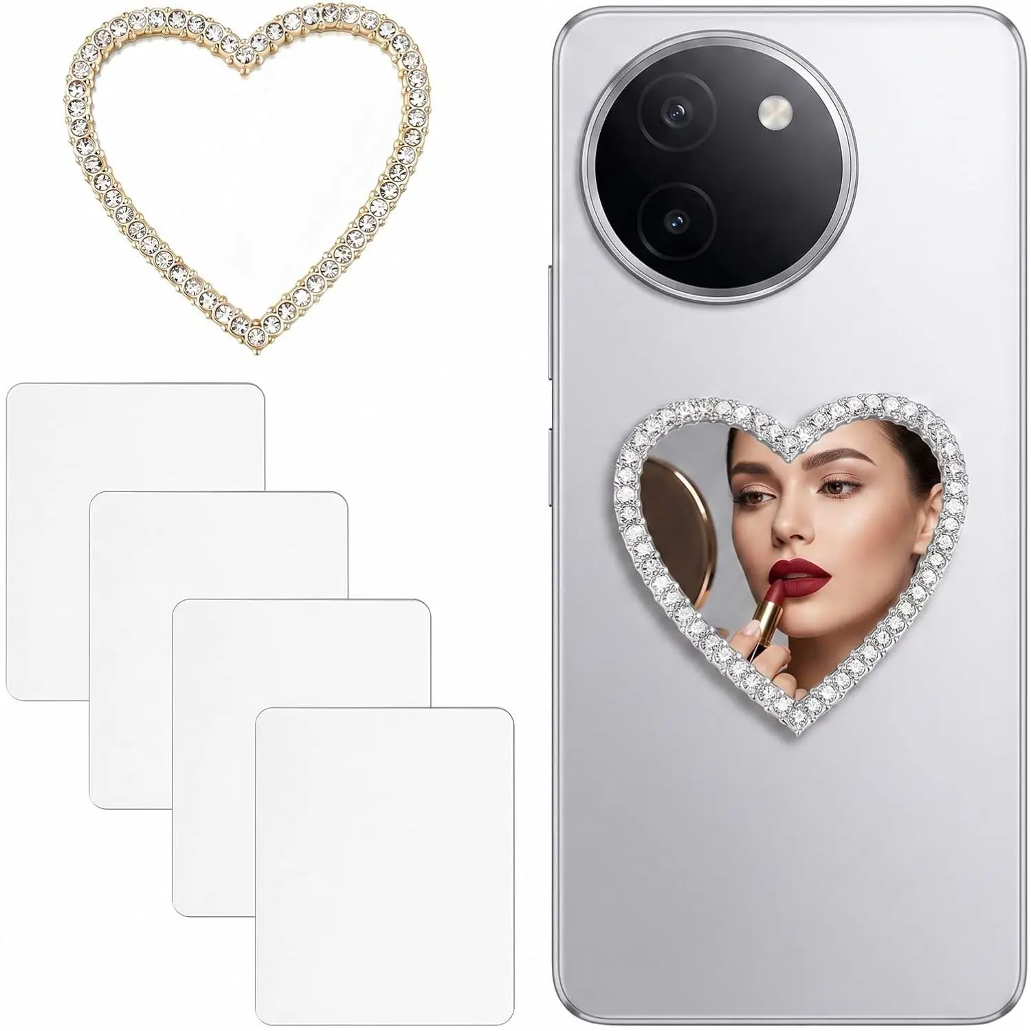 6 count Mirror Decal for Phone Case, Rectangle & Heart Shaped Mirror Stickers with Protective Film Small Self-Adhesive Makeup Mirrors for Mobile Cellphone  Slim Customized Travel Accessory
